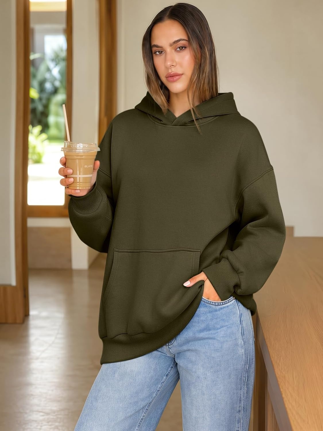 image:imageATHMILE Womens Oversized Hoodies Fleece Sweatshirts with Pocket Drop Shoulder Fall ClothesTrendy Streetwear PulloverComfort Workout Winter OutfitsArmy Green