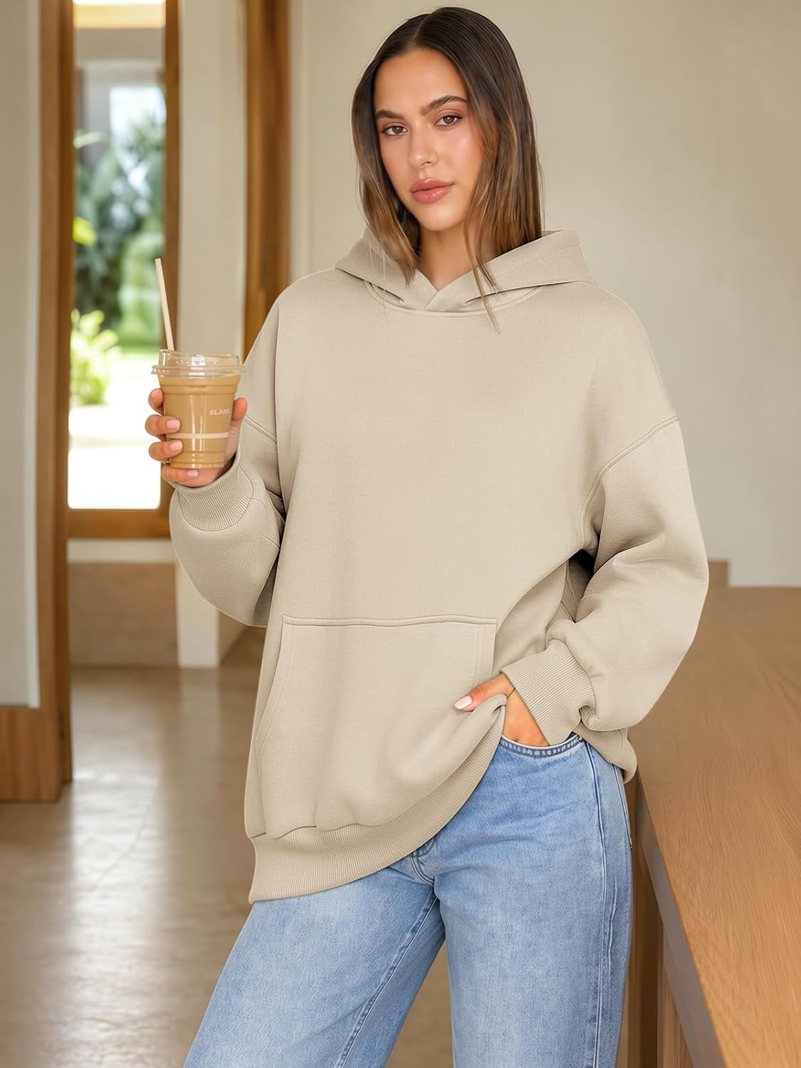 image:imageATHMILE Womens Oversized Hoodies Fleece Sweatshirts with Pocket Drop Shoulder Fall ClothesTrendy Streetwear PulloverComfort Workout Winter OutfitsBeige