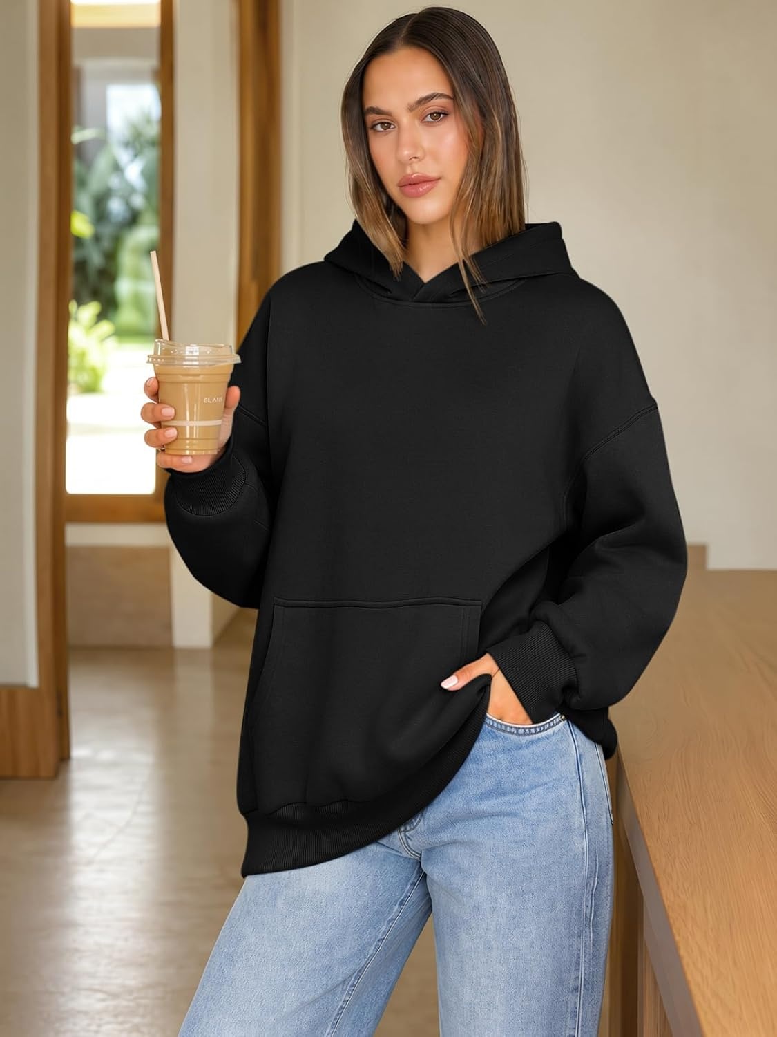 image:imageATHMILE Womens Oversized Hoodies Fleece Sweatshirts with Pocket Drop Shoulder Fall ClothesTrendy Streetwear PulloverComfort Workout Winter OutfitsBlack
