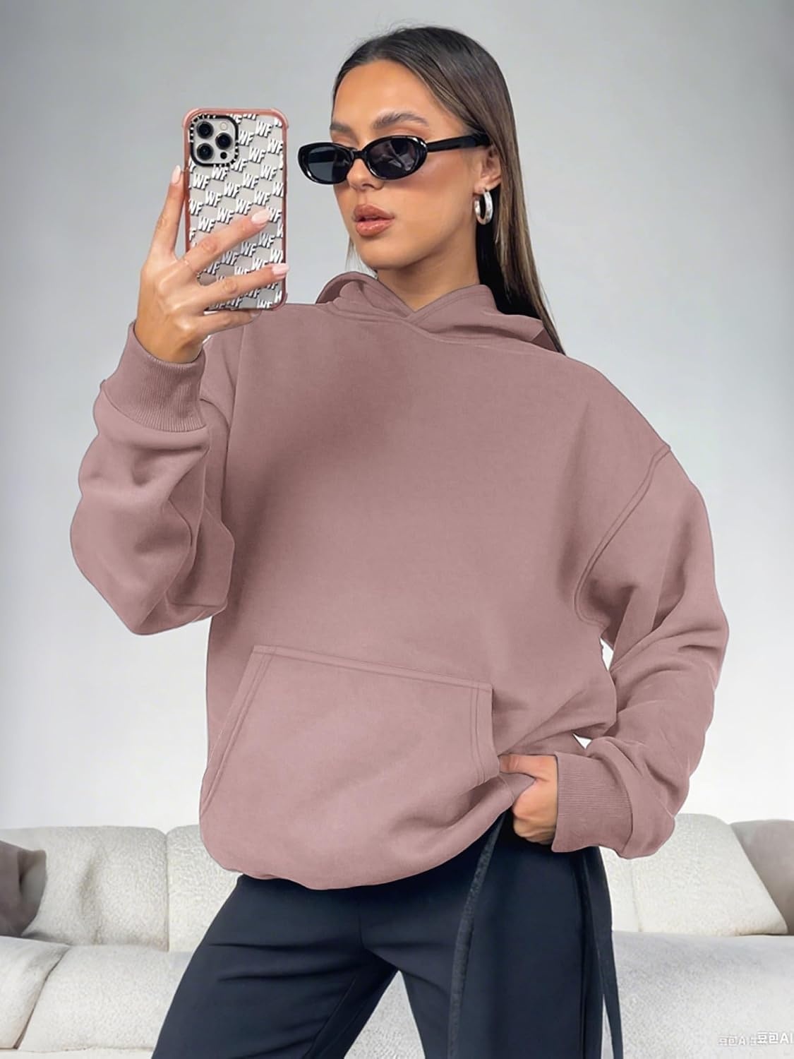 image:imageATHMILE Womens Oversized Hoodies Fleece Sweatshirts with Pocket Drop Shoulder Fall ClothesTrendy Streetwear PulloverComfort Workout Winter OutfitsDark Pink