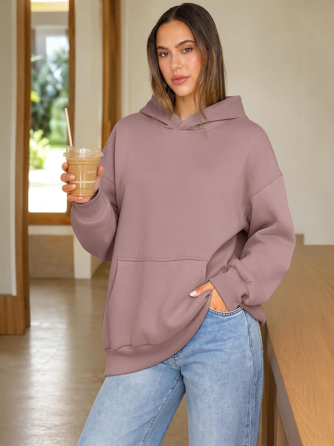 image:imageATHMILE Womens Oversized Hoodies Fleece Sweatshirts with Pocket Drop Shoulder Fall ClothesTrendy Streetwear PulloverComfort Workout Winter OutfitsDark Pink