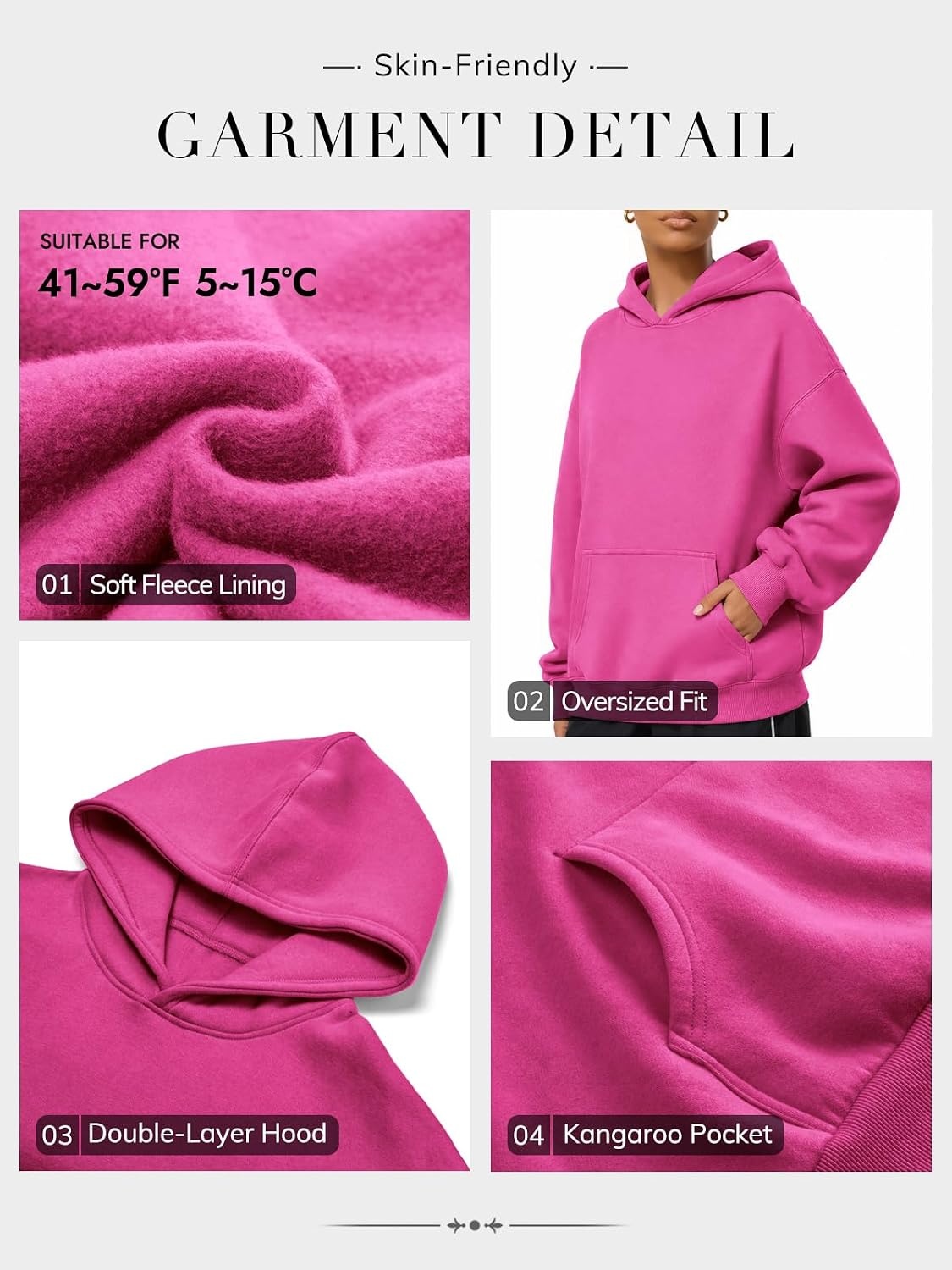 image:imageATHMILE Womens Oversized Hoodies Fleece Sweatshirts with Pocket Drop Shoulder Fall ClothesTrendy Streetwear PulloverComfort Workout Winter OutfitsHot Pink
