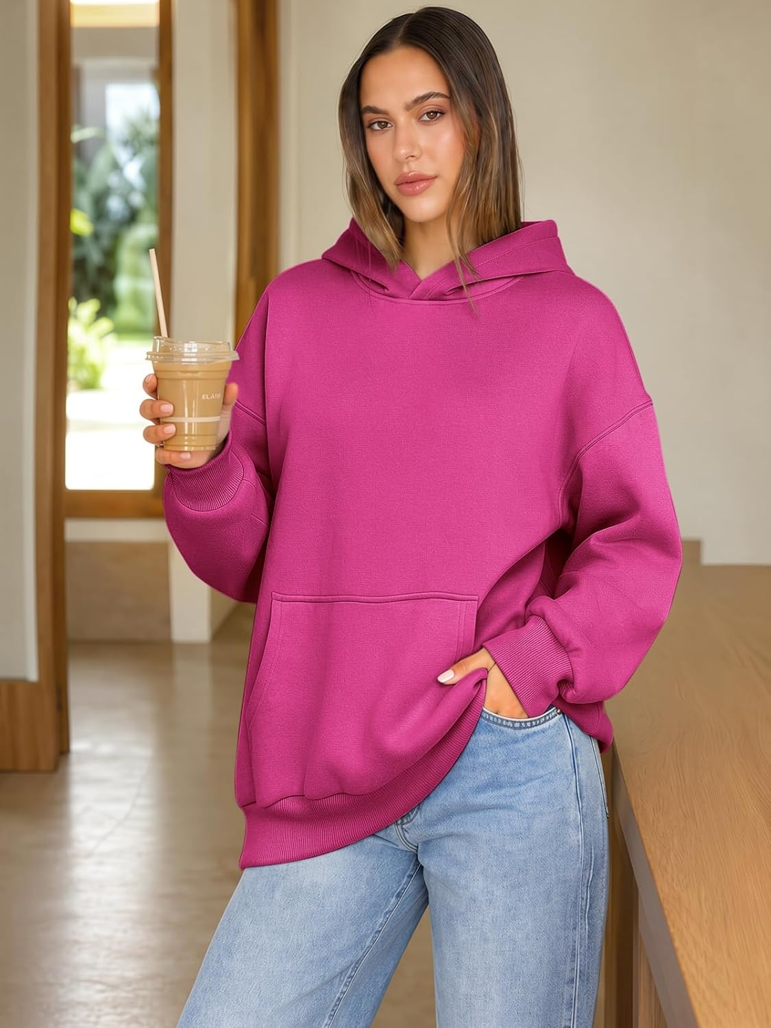 image:imageATHMILE Womens Oversized Hoodies Fleece Sweatshirts with Pocket Drop Shoulder Fall ClothesTrendy Streetwear PulloverComfort Workout Winter OutfitsHot Pink