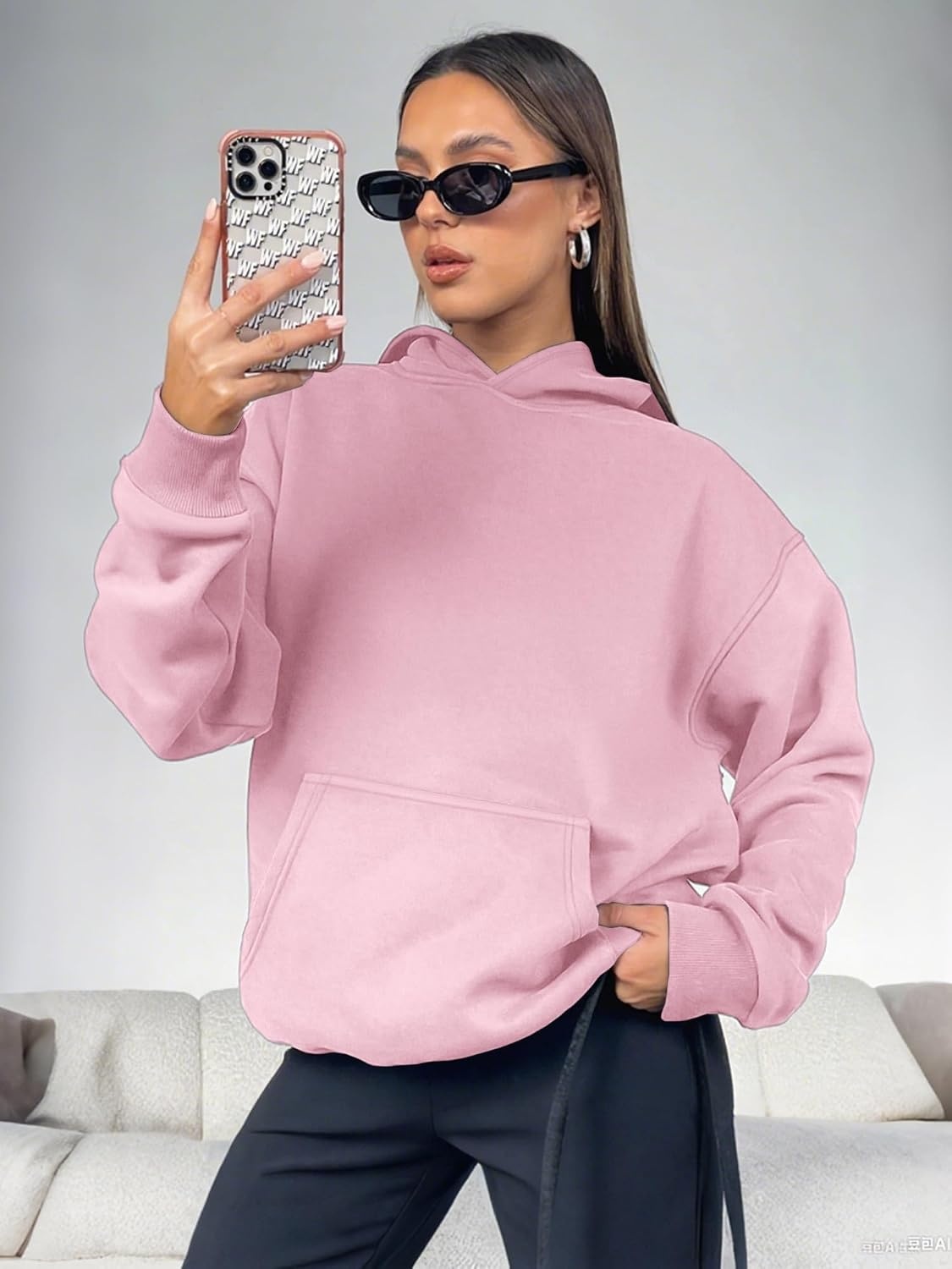 image:imageATHMILE Womens Oversized Hoodies Fleece Sweatshirts with Pocket Drop Shoulder Fall ClothesTrendy Streetwear PulloverComfort Workout Winter OutfitsLight Pink