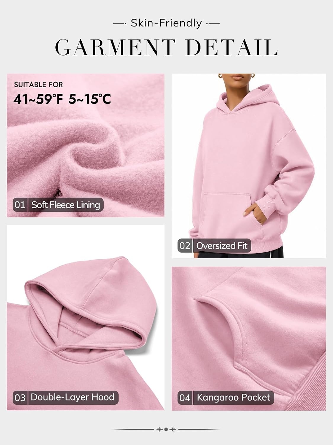 image:imageATHMILE Womens Oversized Hoodies Fleece Sweatshirts with Pocket Drop Shoulder Fall ClothesTrendy Streetwear PulloverComfort Workout Winter OutfitsLight Pink