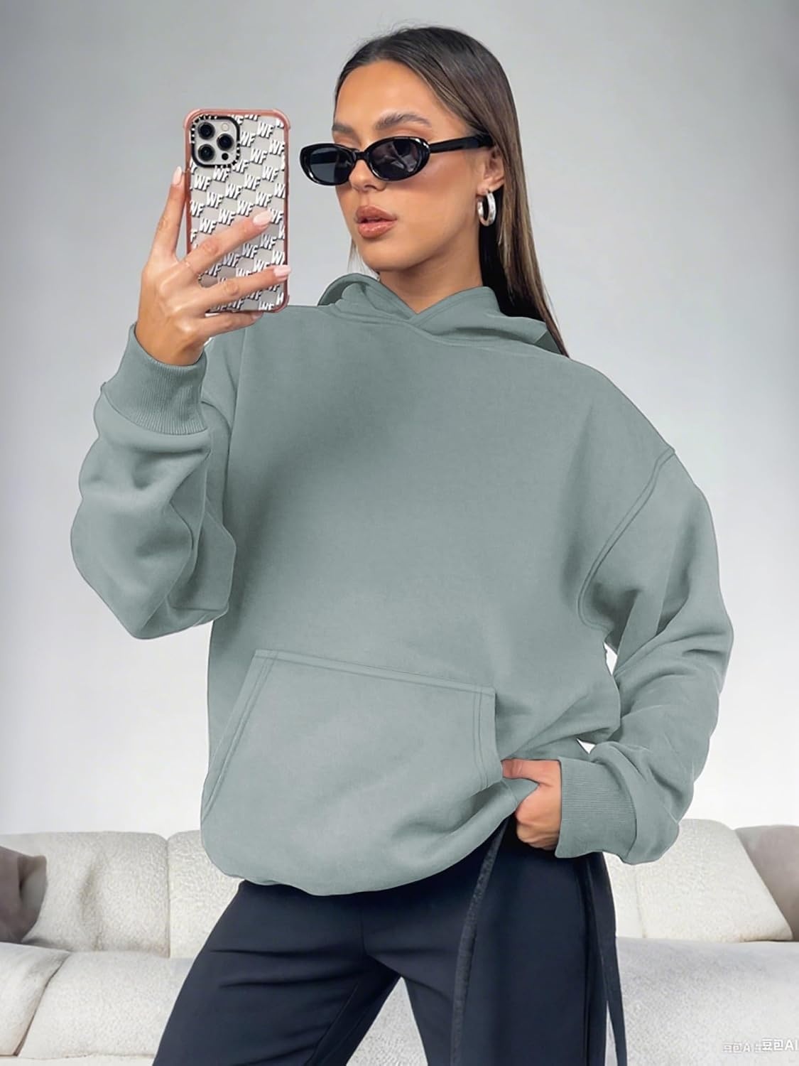 image:imageATHMILE Womens Oversized Hoodies Fleece Sweatshirts with Pocket Drop Shoulder Fall ClothesTrendy Streetwear PulloverComfort Workout Winter OutfitsLight Green