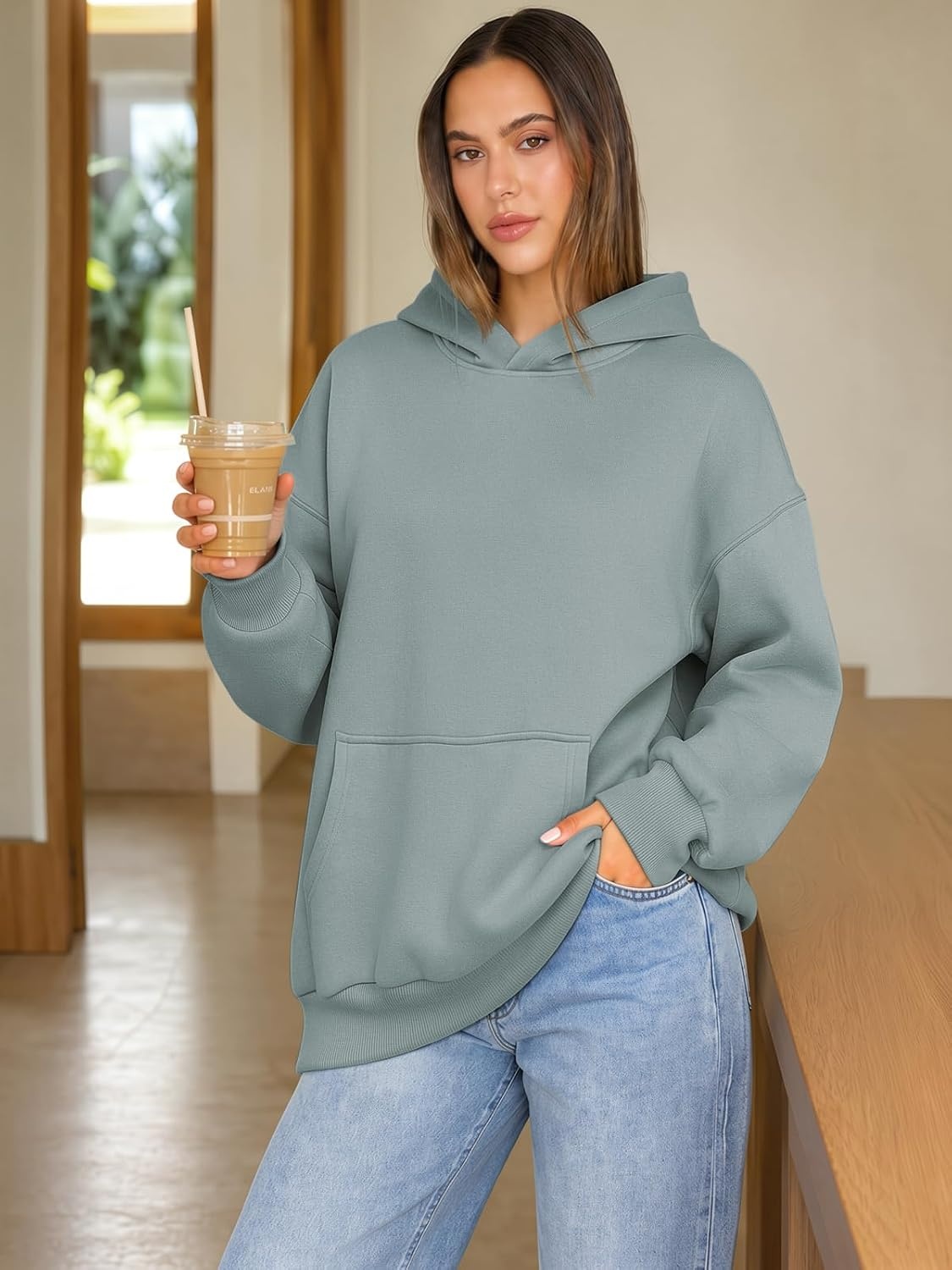image:imageATHMILE Womens Oversized Hoodies Fleece Sweatshirts with Pocket Drop Shoulder Fall ClothesTrendy Streetwear PulloverComfort Workout Winter OutfitsLight Green