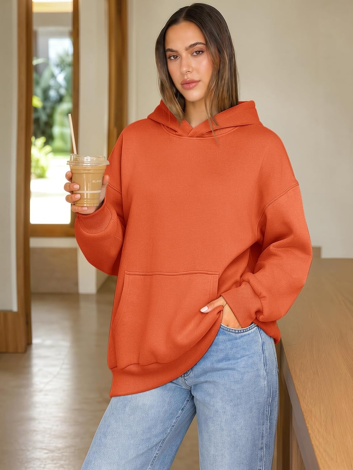 image:imageATHMILE Womens Oversized Hoodies Fleece Sweatshirts with Pocket Drop Shoulder Fall ClothesTrendy Streetwear PulloverComfort Workout Winter OutfitsOrange