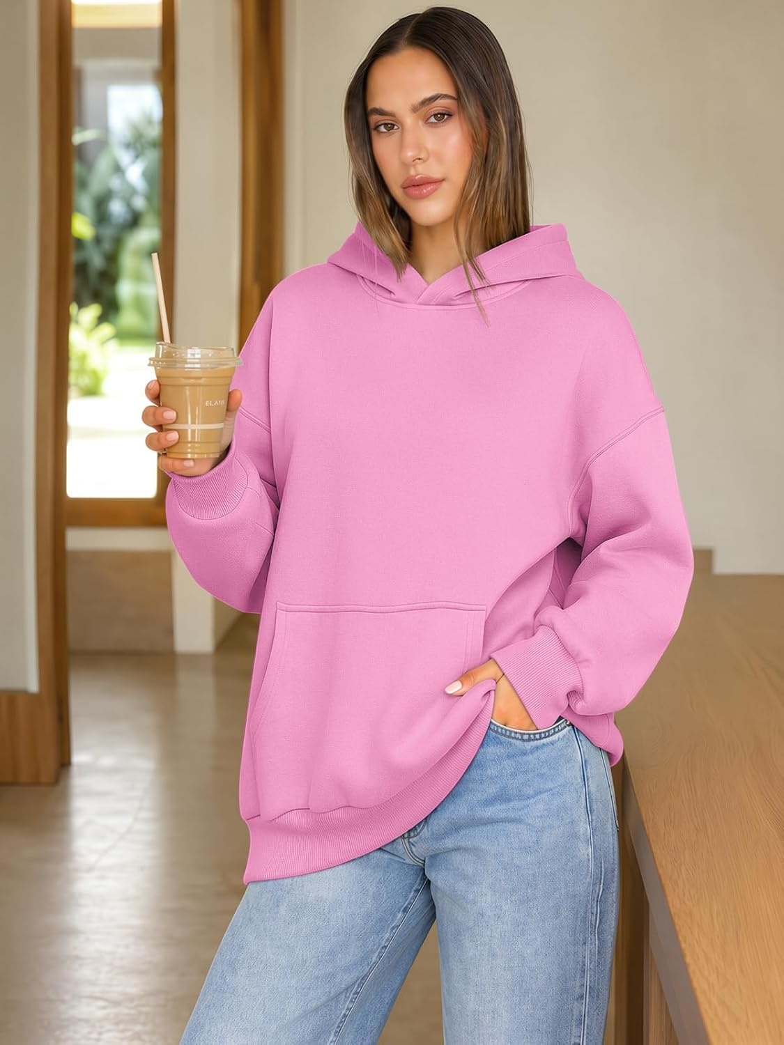 image:imageATHMILE Womens Oversized Hoodies Fleece Sweatshirts with Pocket Drop Shoulder Fall ClothesTrendy Streetwear PulloverComfort Workout Winter OutfitsPink