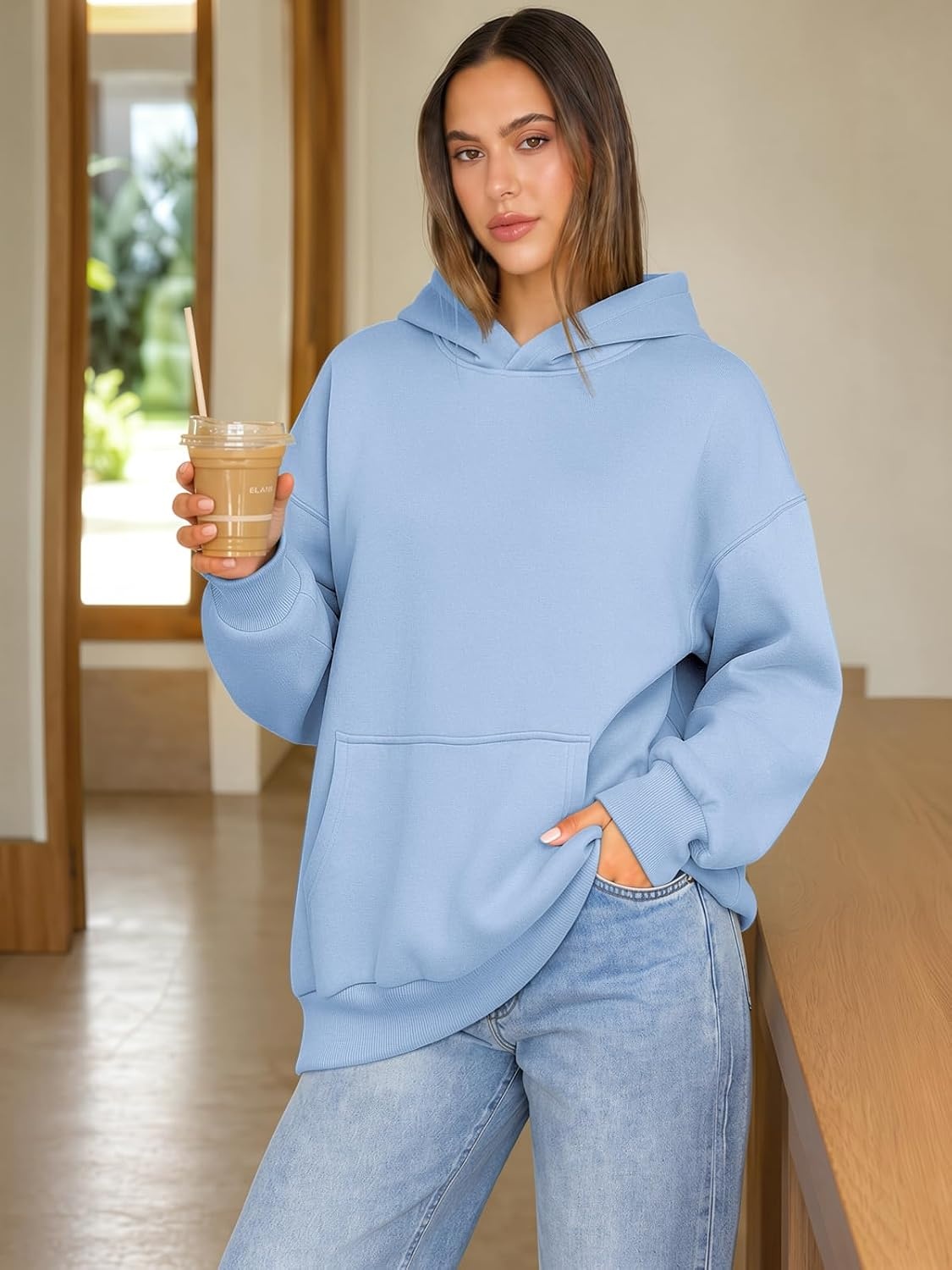 image:imageATHMILE Womens Oversized Hoodies Fleece Sweatshirts with Pocket Drop Shoulder Fall ClothesTrendy Streetwear PulloverComfort Workout Winter OutfitsSky Blue
