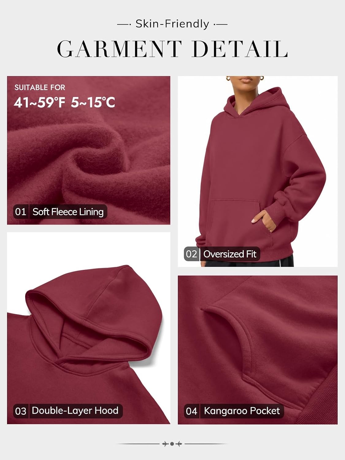 image:imageATHMILE Womens Oversized Hoodies Fleece Sweatshirts with Pocket Drop Shoulder Fall ClothesTrendy Streetwear PulloverComfort Workout Winter OutfitsWine Red