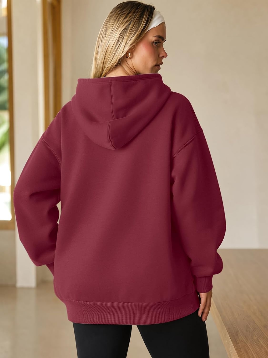 image:imageATHMILE Womens Oversized Hoodies Fleece Sweatshirts with Pocket Drop Shoulder Fall ClothesTrendy Streetwear PulloverComfort Workout Winter OutfitsWine Red
