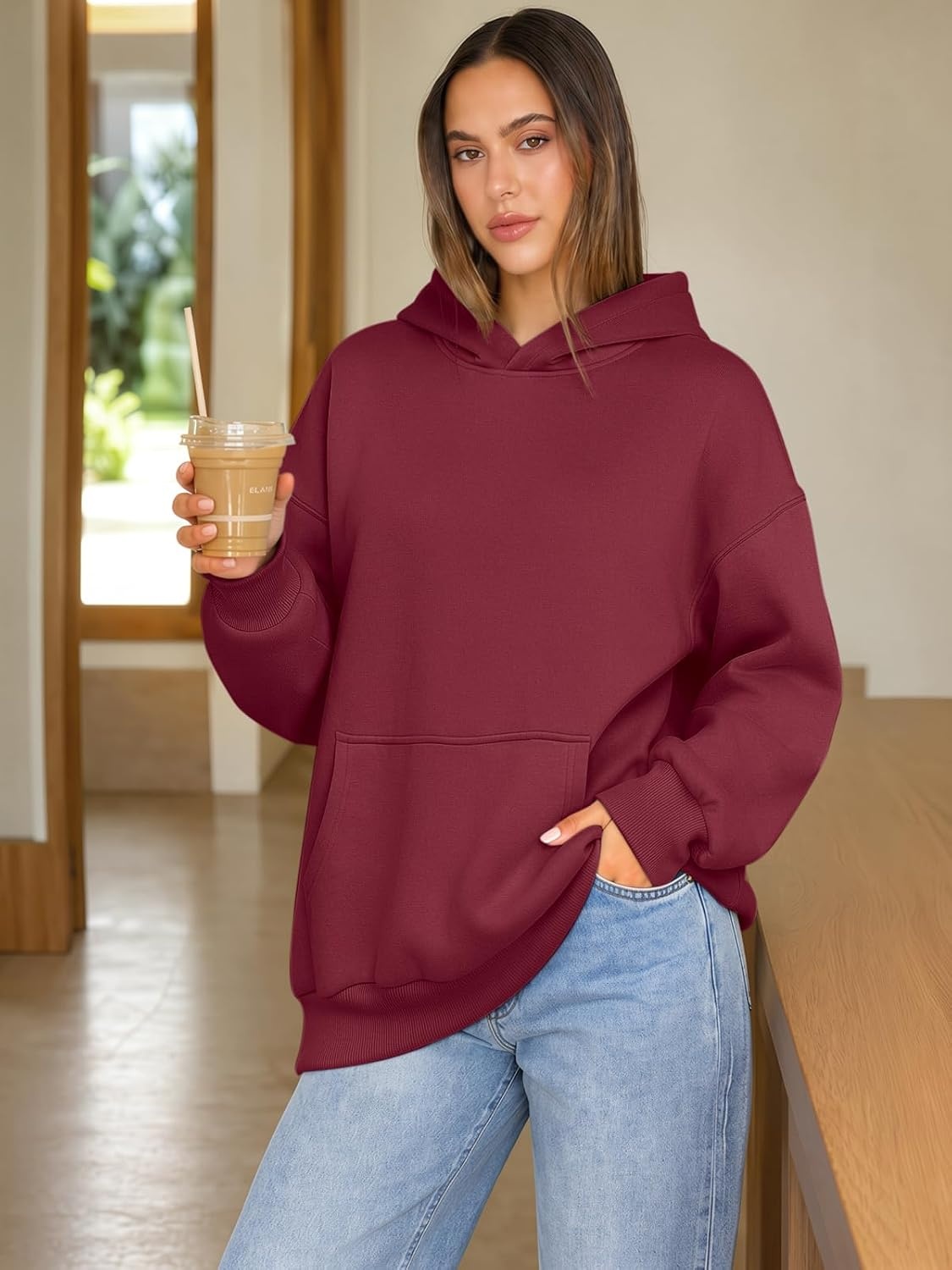 image:imageATHMILE Womens Oversized Hoodies Fleece Sweatshirts with Pocket Drop Shoulder Fall ClothesTrendy Streetwear PulloverComfort Workout Winter OutfitsWine Red