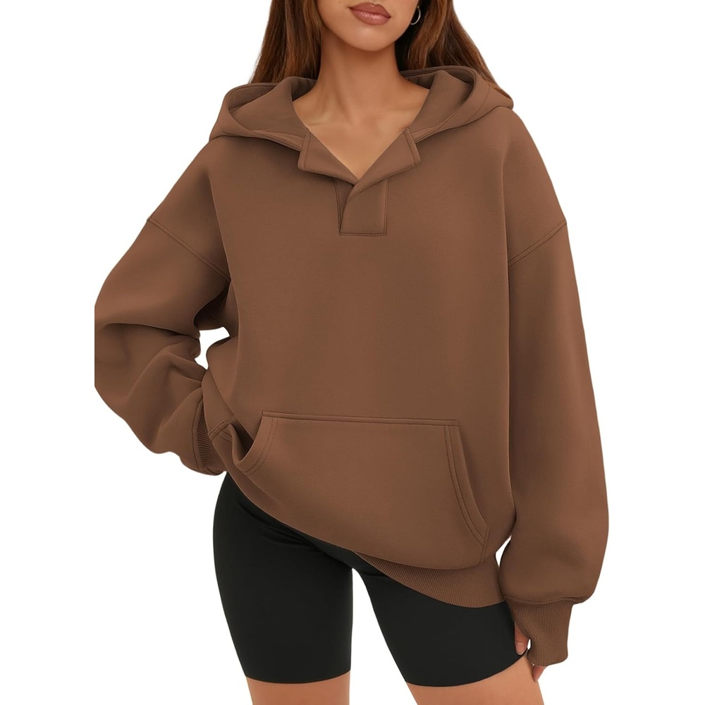 image:imageATHMILE Oversized Hoodies for Women Fashion V Neck Pullover Sweatshirts with Thumb Hole Y2k Clothes Fall Outfits 2026Coffee