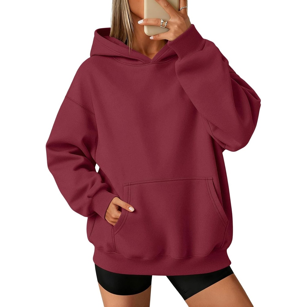image:imageATHMILE Womens Oversized Hoodies Fleece Sweatshirts with Pocket Drop Shoulder Fall ClothesTrendy Streetwear PulloverComfort Workout Winter OutfitsWine Red