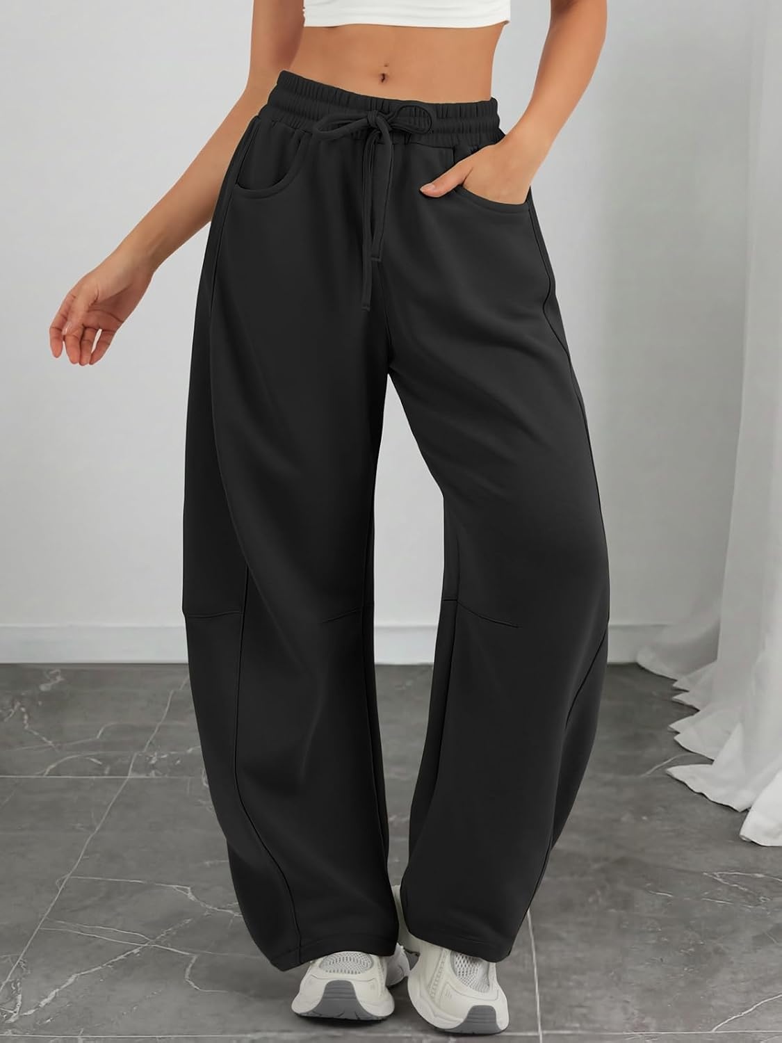 image:imageATHMILE Barrel Sweatpants Women Wide Leg Baggy Lounge Casual PantsAblack
