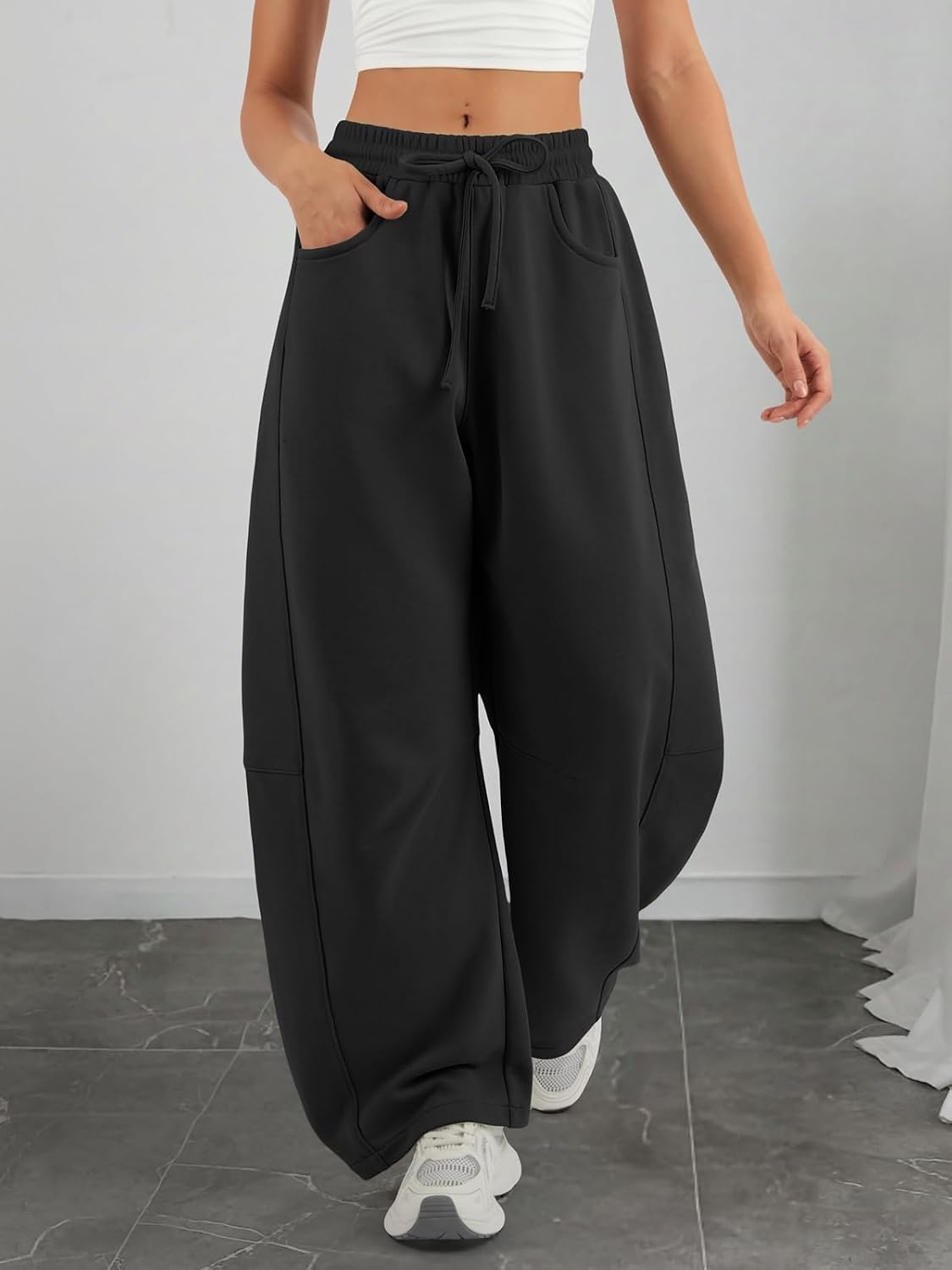 image:imageATHMILE Barrel Sweatpants Women Wide Leg Baggy Lounge Casual PantsAblack