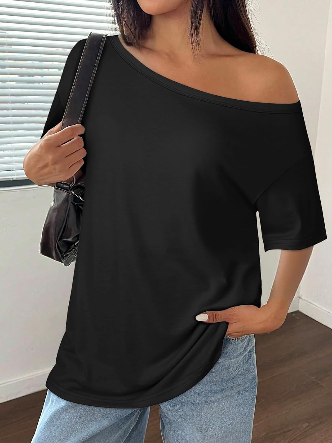 image:imageATHMILE Off The Shoulder Tops for Women 2026 Y2K Loose Fit Tops Oversized Tshirts Fashion Going Out Outfits Casual Basic Tees0black