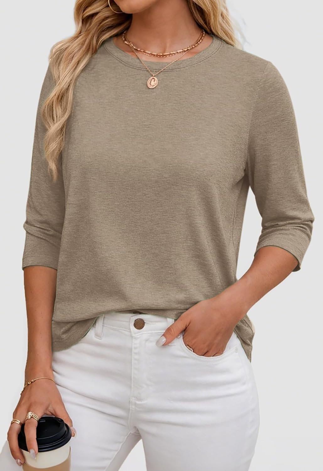 image:imageATHMILE Womens 34 Length Sleeve Womens Tops Basic TeesApricot
