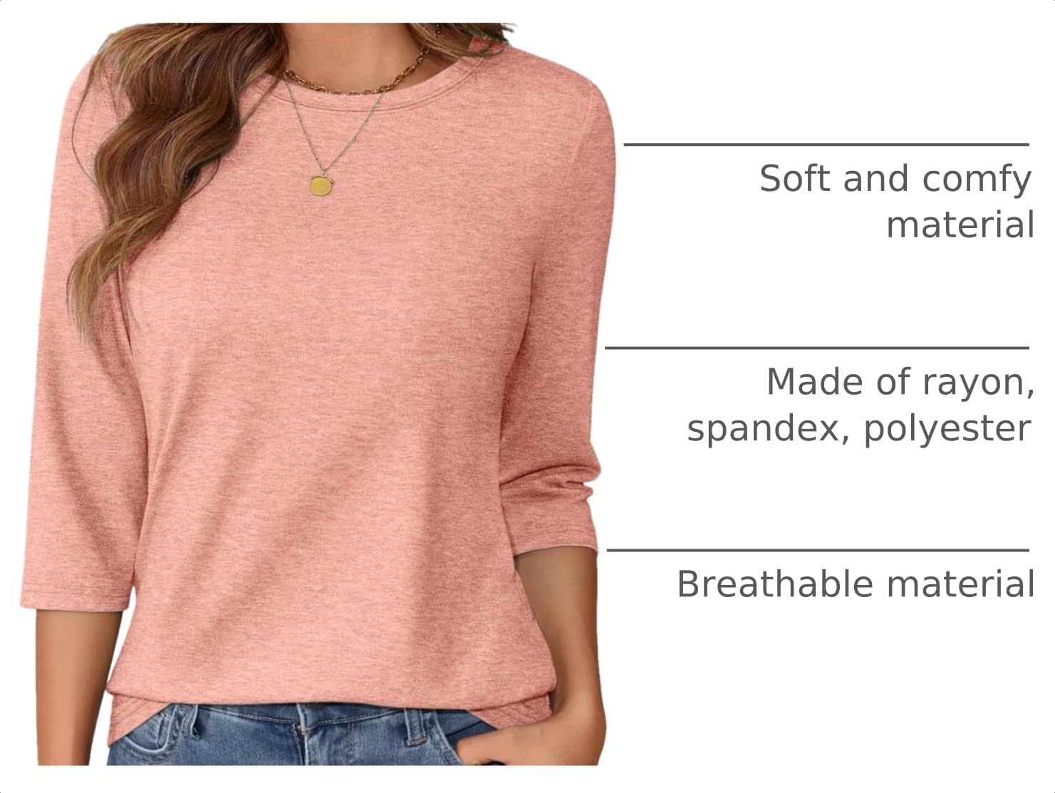 image:imageATHMILE Womens 34 Length Sleeve Womens Tops Basic TeesCoral
