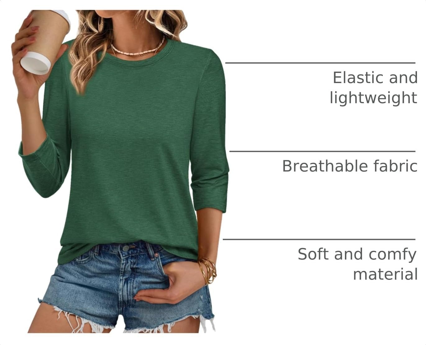 image:imageATHMILE Womens 34 Length Sleeve Womens Tops Basic TeesGreen