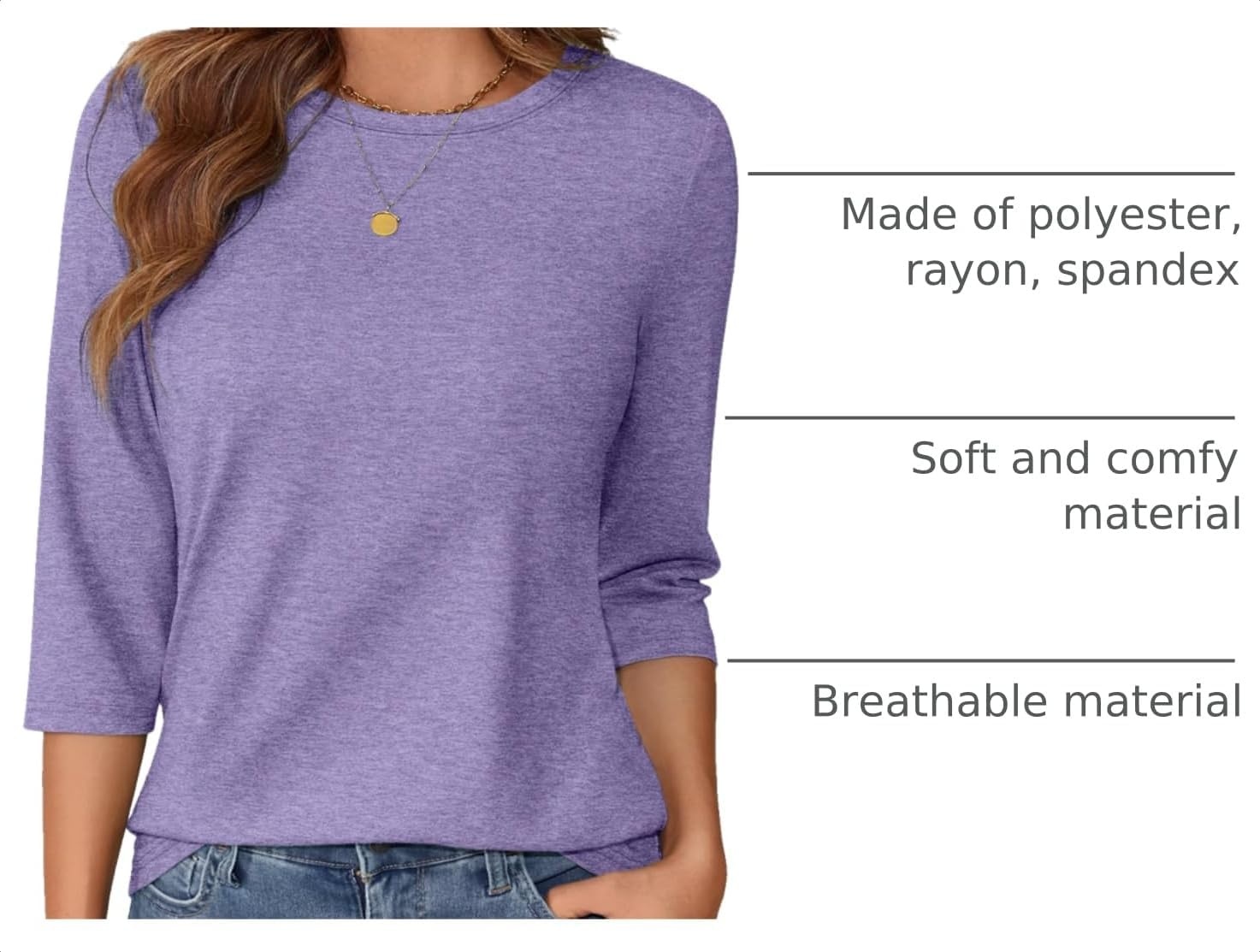 image:imageATHMILE Womens 34 Length Sleeve Womens Tops Basic TeesPurple