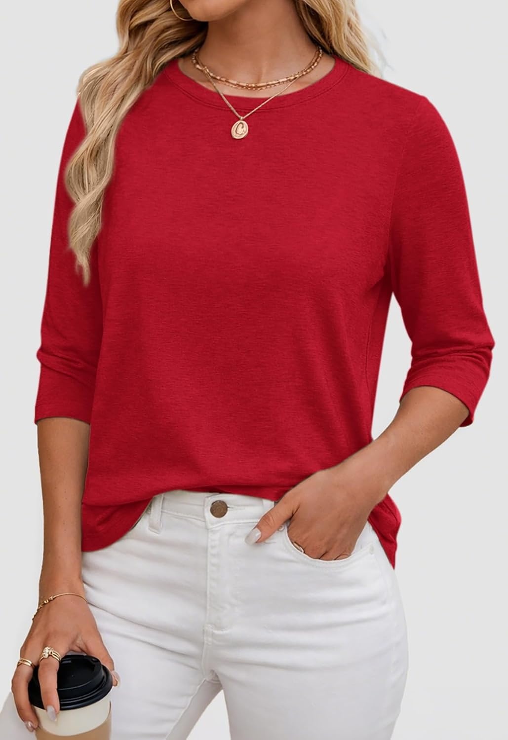 image:imageATHMILE Womens 34 Length Sleeve Womens Tops Basic TeesRed