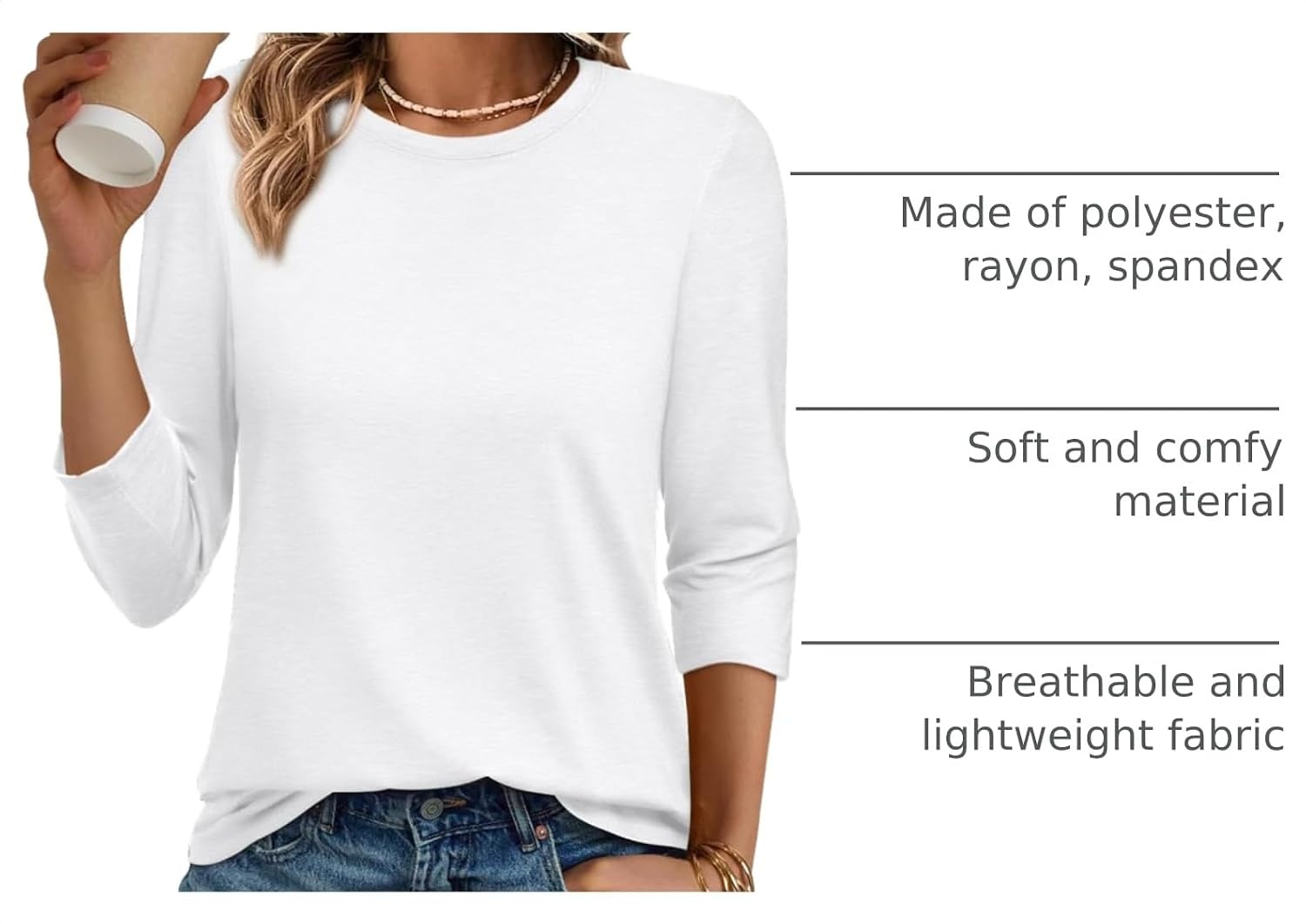 image:imageATHMILE Womens 34 Length Sleeve Womens Tops Basic TeesWhite