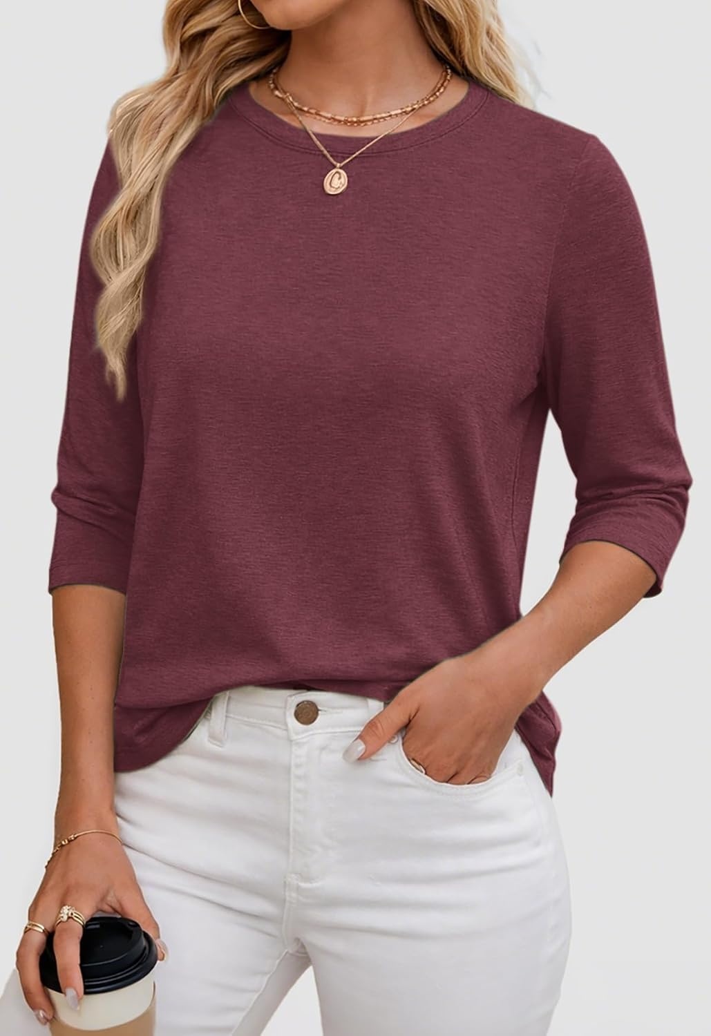 image:imageATHMILE Womens 34 Length Sleeve Womens Tops Basic TeesWine Red