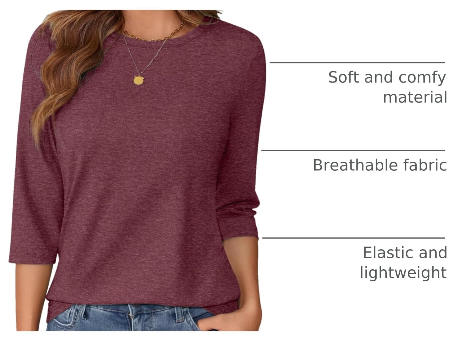 image:imageATHMILE Womens 34 Length Sleeve Womens Tops Basic TeesWine Red
