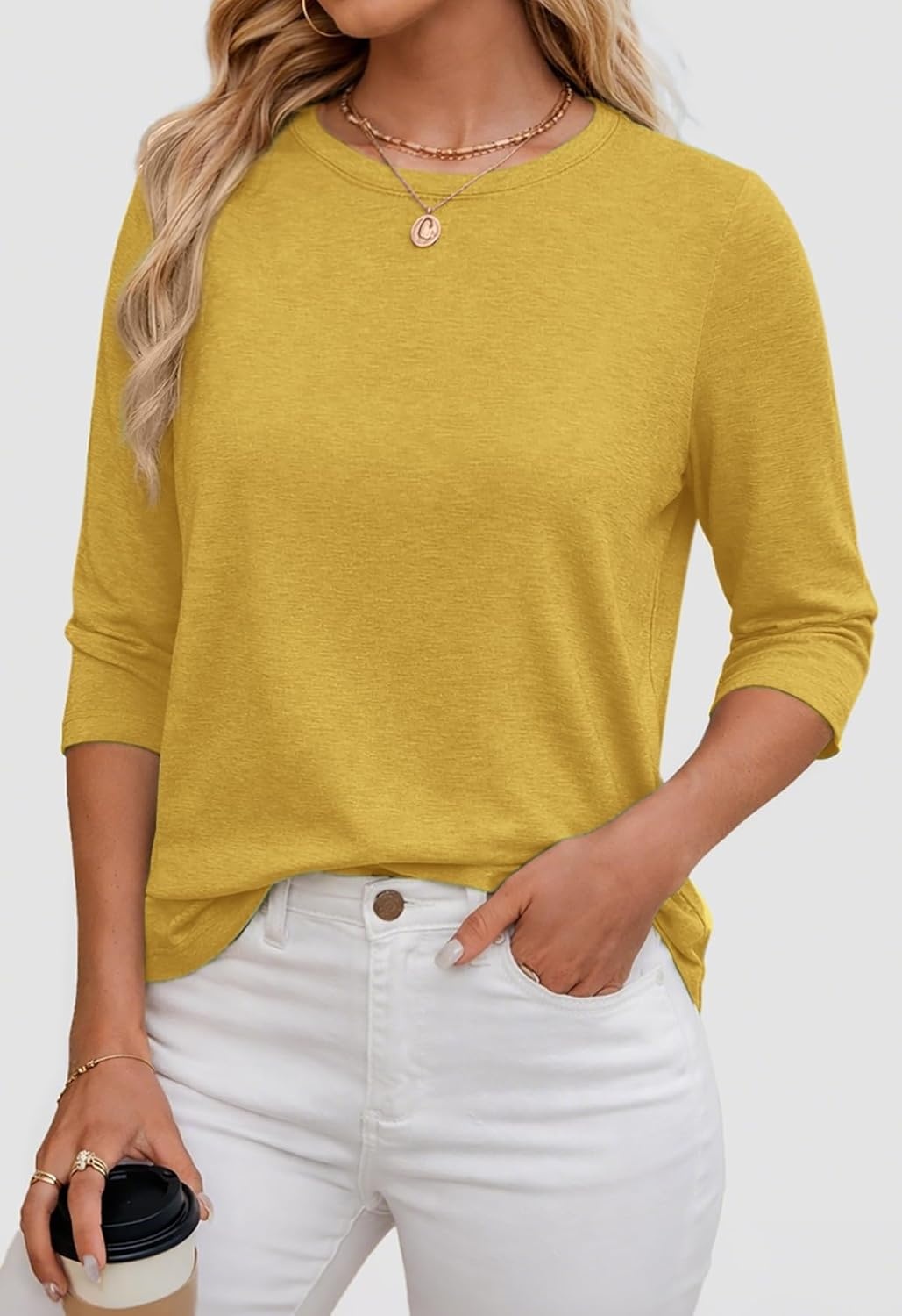 image:imageATHMILE Womens 34 Length Sleeve Womens Tops Basic TeesYellow