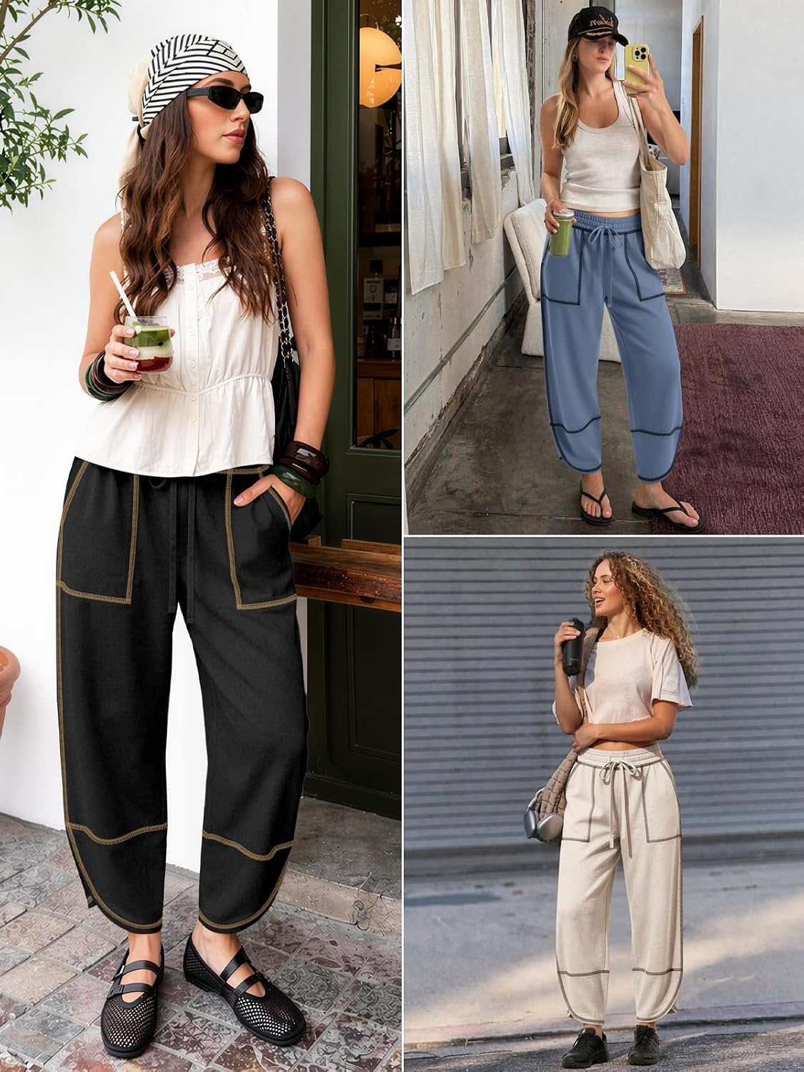 image:imageATHMILE Womens Barrel Sweatpants Baggy Wide Leg Drawstring Lounge Track Sweat Palazzo Harem Pants with PocketsBlack