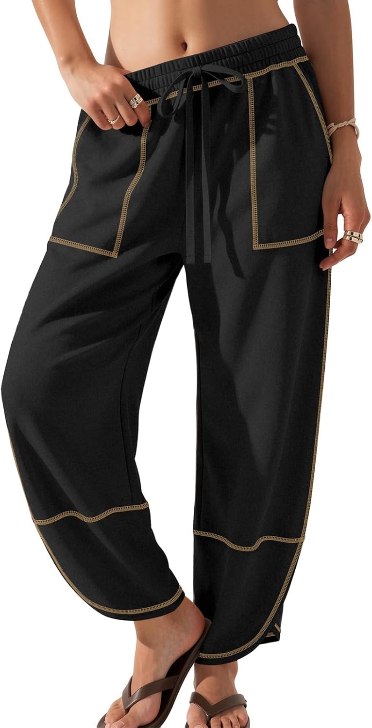 image:imageATHMILE Womens Barrel Sweatpants Baggy Wide Leg Drawstring Lounge Track Sweat Palazzo Harem Pants with PocketsBlack