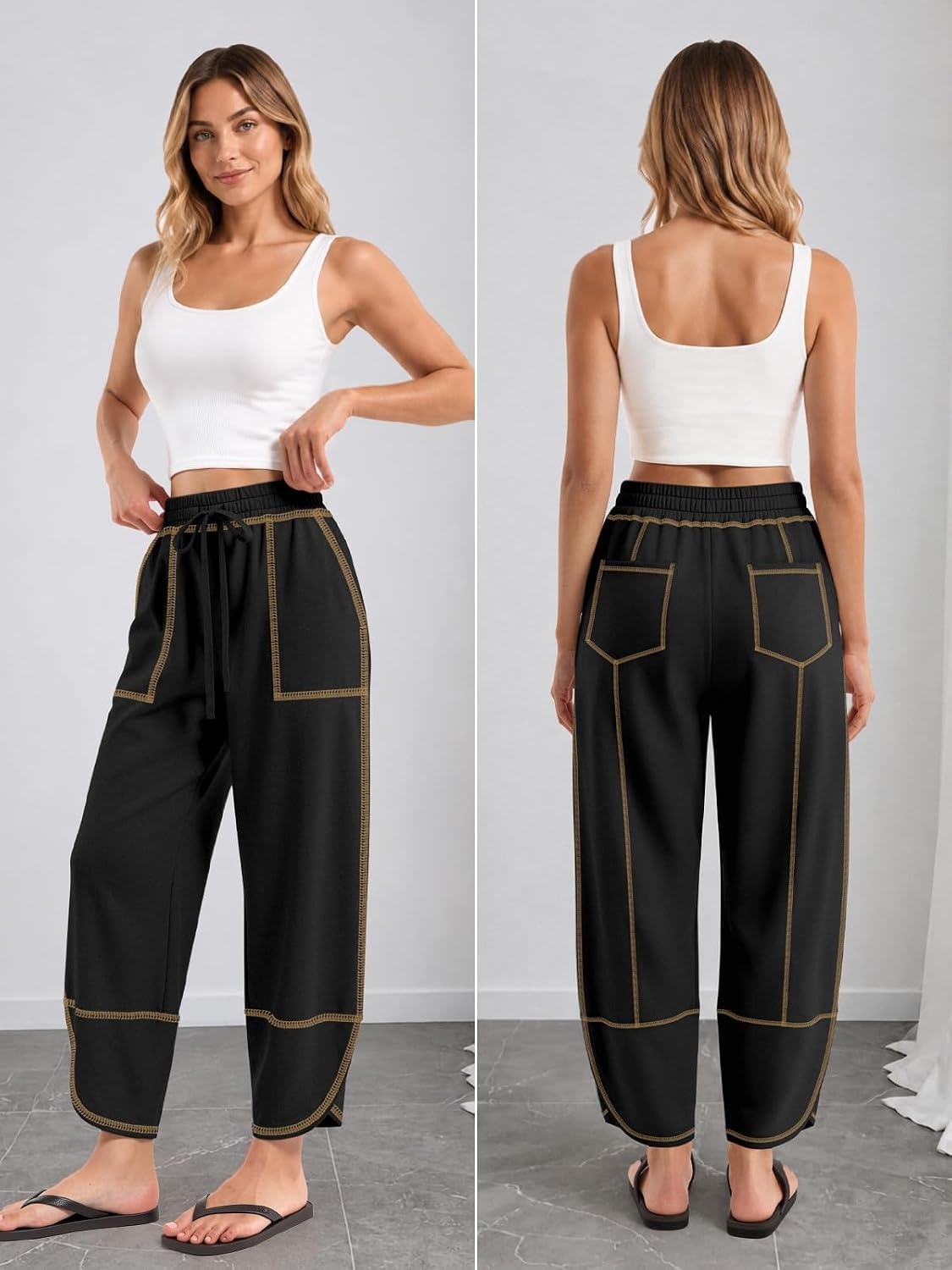 image:imageATHMILE Womens Barrel Sweatpants Baggy Wide Leg Drawstring Lounge Track Sweat Palazzo Harem Pants with PocketsBlack