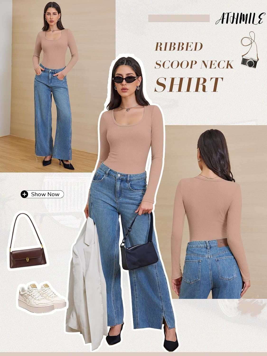 image:imageATHMILE Womens Scoop Neck Long Sleeve Tops Fashion Ribbed Knit Shirts Slim Fitted Casual Basic Tee T Shirt for Women 2026Apink