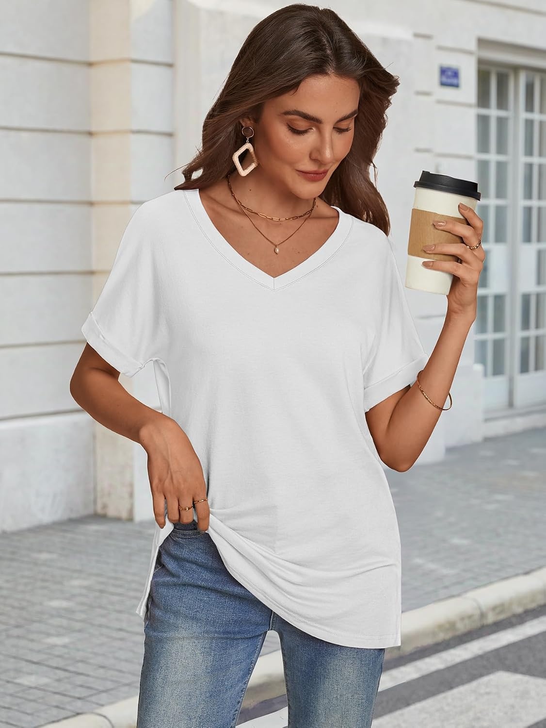 image:imageATHMILE Womens Summer 2025 V Neck Casual Tunic Tops Spring Fashion Basic Trendy OutfitsWhite