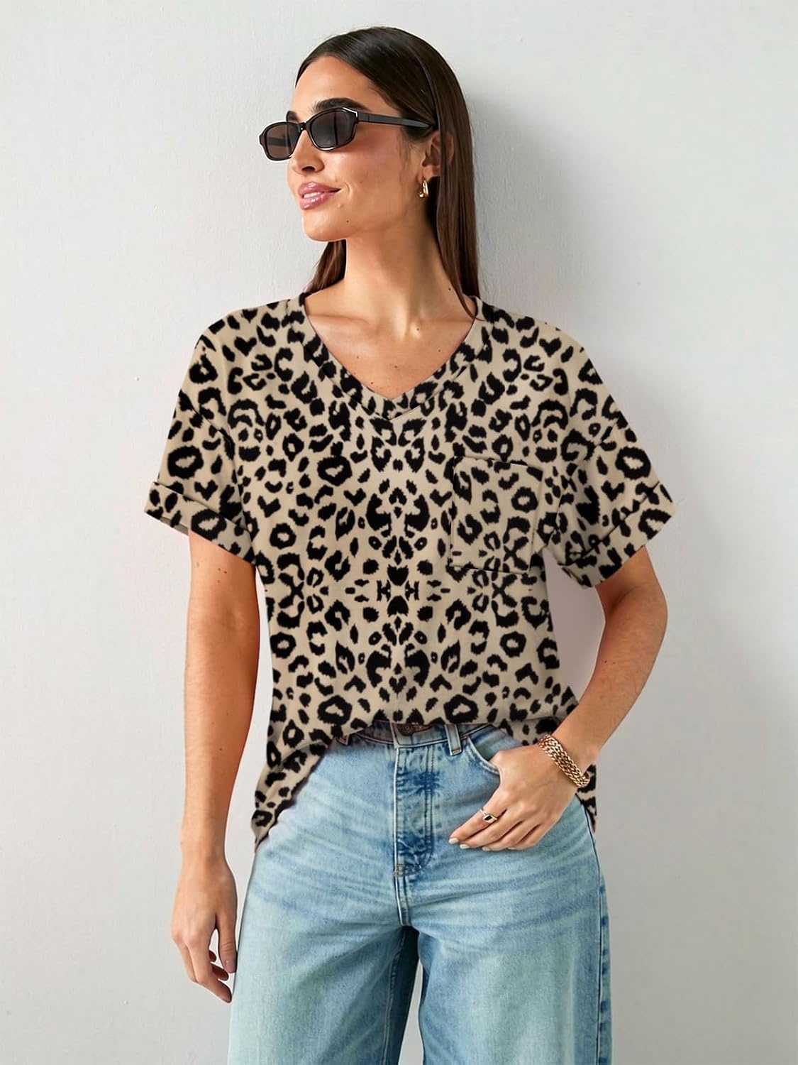 image:imageATHMILE Womens T Shirts Short Sleeve V Neck Summer Tops Basic TeesLeopard