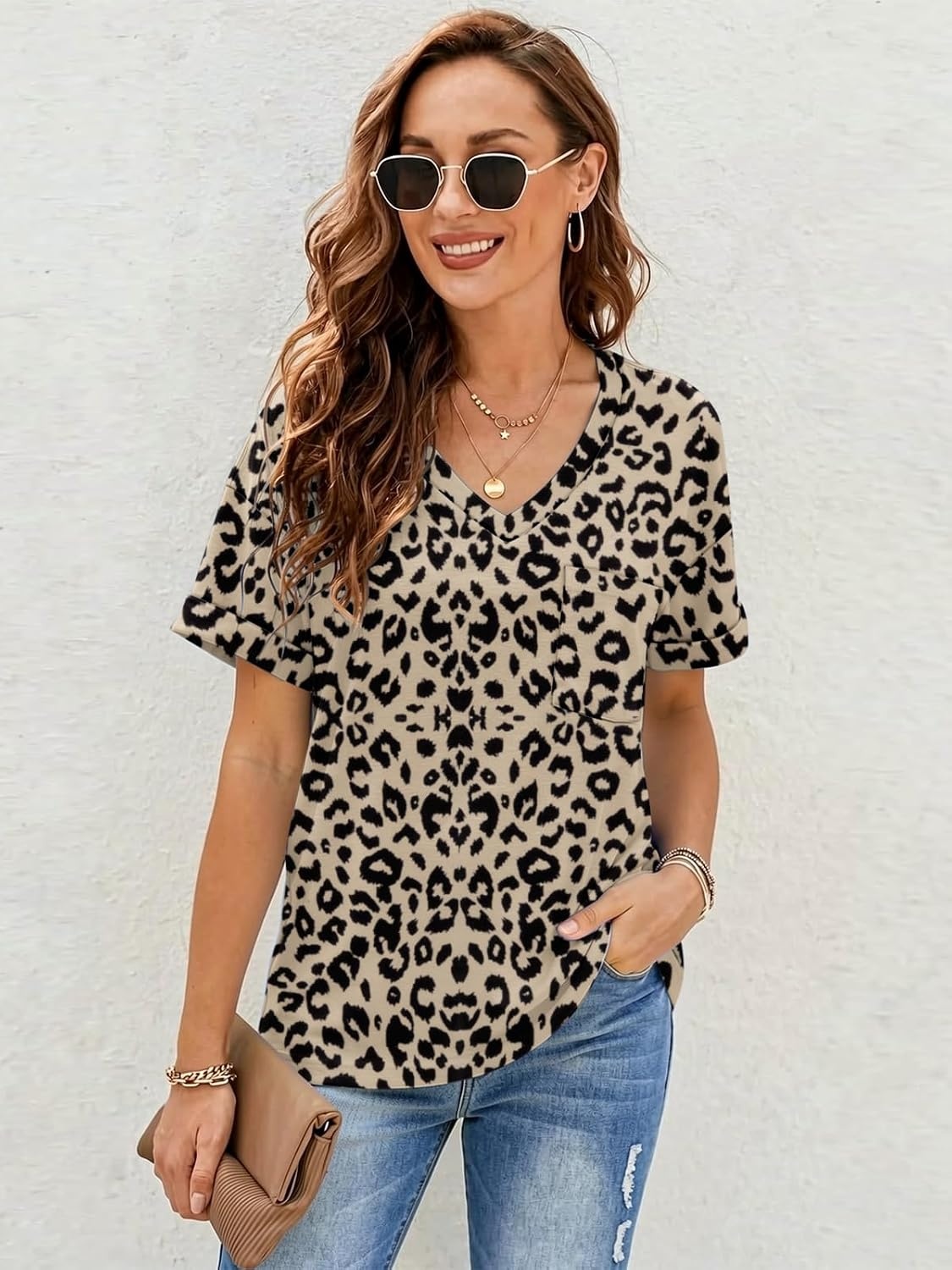 image:imageATHMILE Womens T Shirts Short Sleeve V Neck Summer Tops Basic TeesLeopard