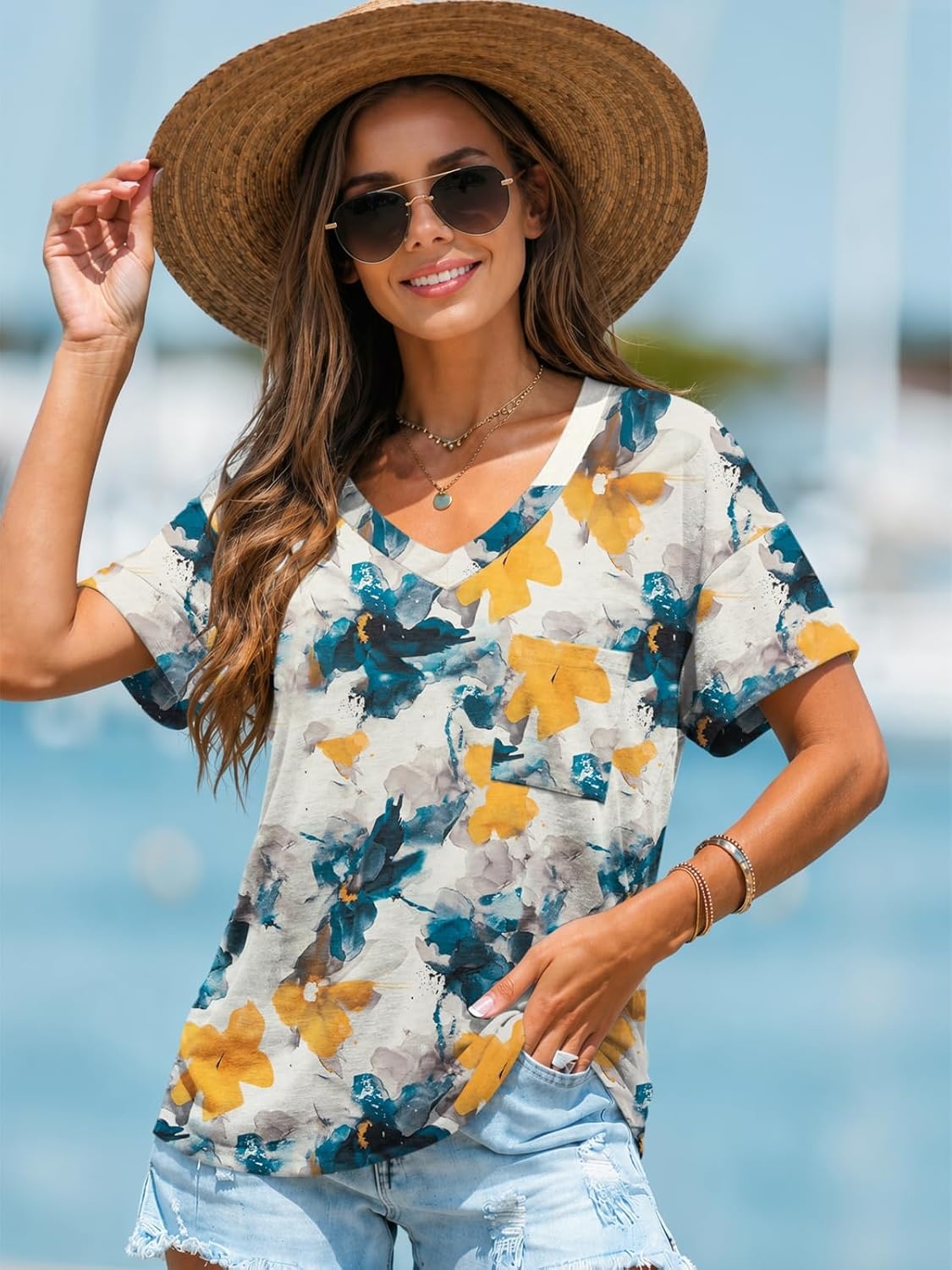 image:imageATHMILE Womens T Shirts Short Sleeve V Neck Summer Tops Basic TeesMulti Teal