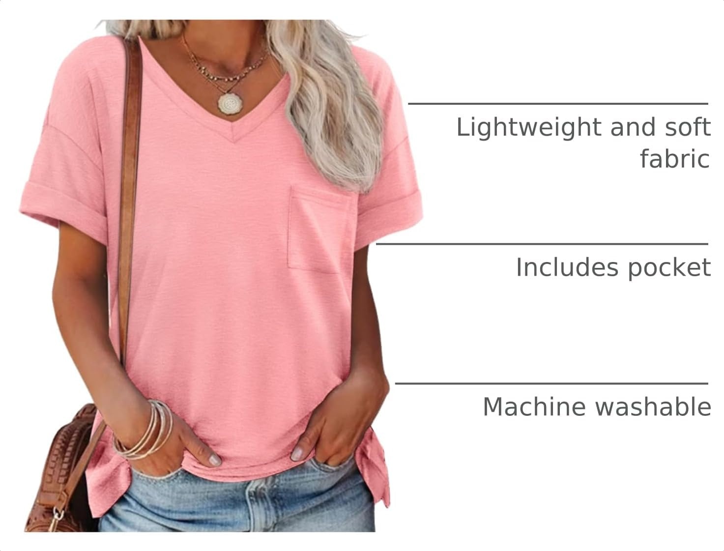 image:imageATHMILE Womens T Shirts Short Sleeve V Neck Summer Tops Basic TeesPink