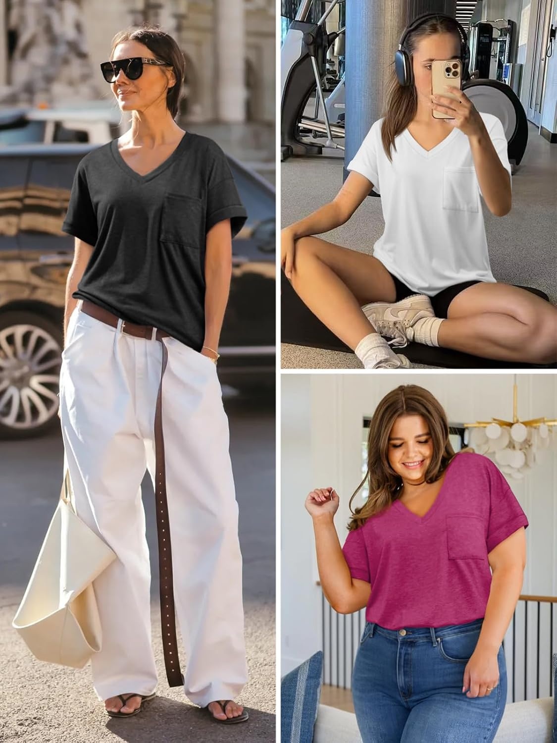 image:imageATHMILE Womens T Shirts Short Sleeve V Neck Summer Tops Basic TeesPink