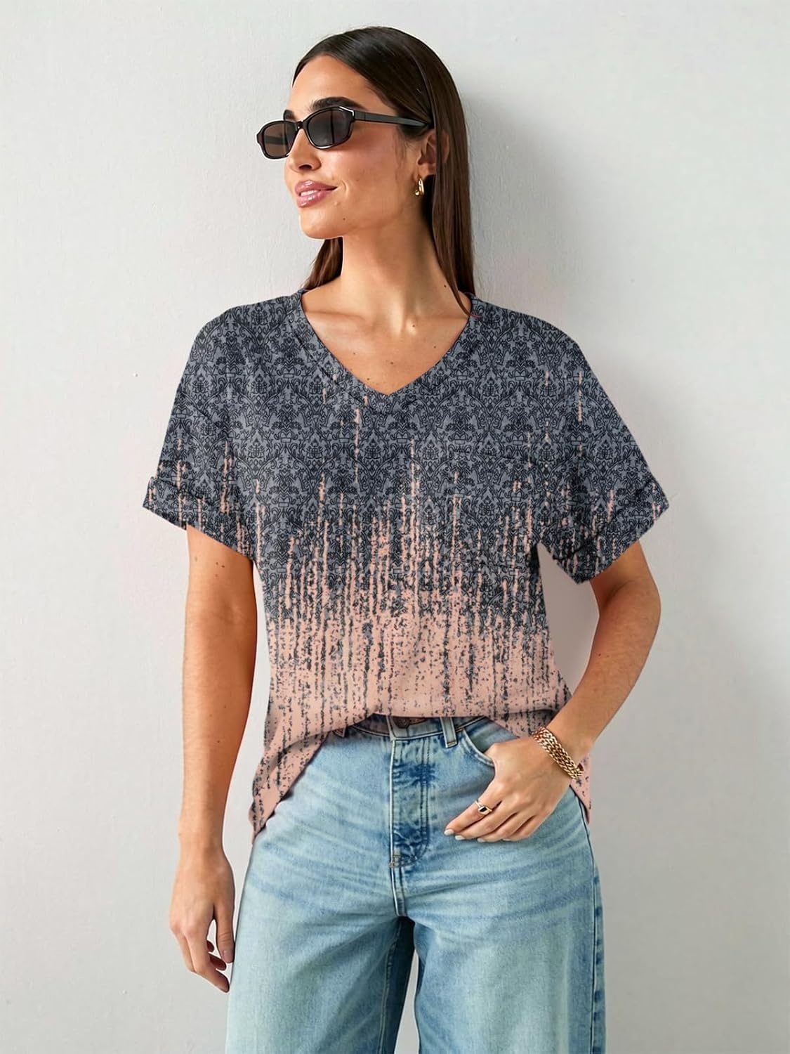 image:imageATHMILE Womens T Shirts Short Sleeve V Neck Summer Tops Basic TeesTiedye Coral