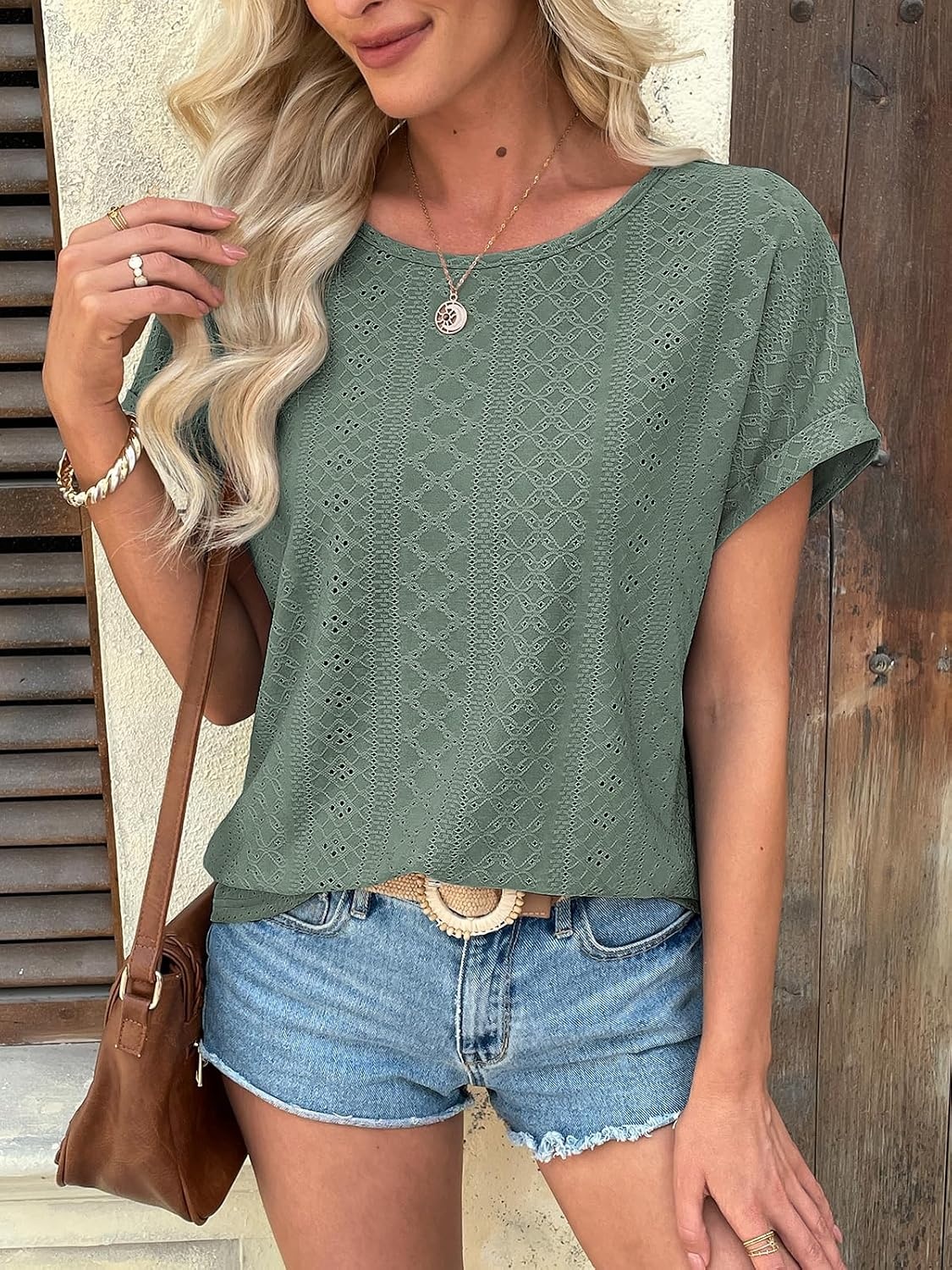 image:imageATHMILE Womens Tunics Loose Fit Dressy Blouses Summer Short Sleeve Tops with Curved Hem Beach Vacation Clothes for WomenGrey Green