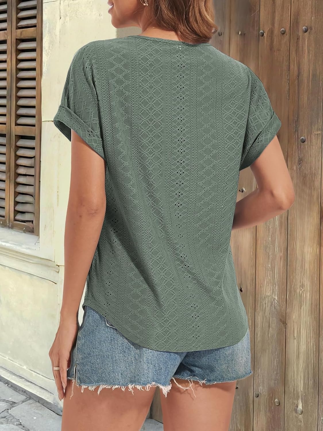 image:imageATHMILE Womens Tunics Loose Fit Dressy Blouses Summer Short Sleeve Tops with Curved Hem Beach Vacation Clothes for WomenGrey Green