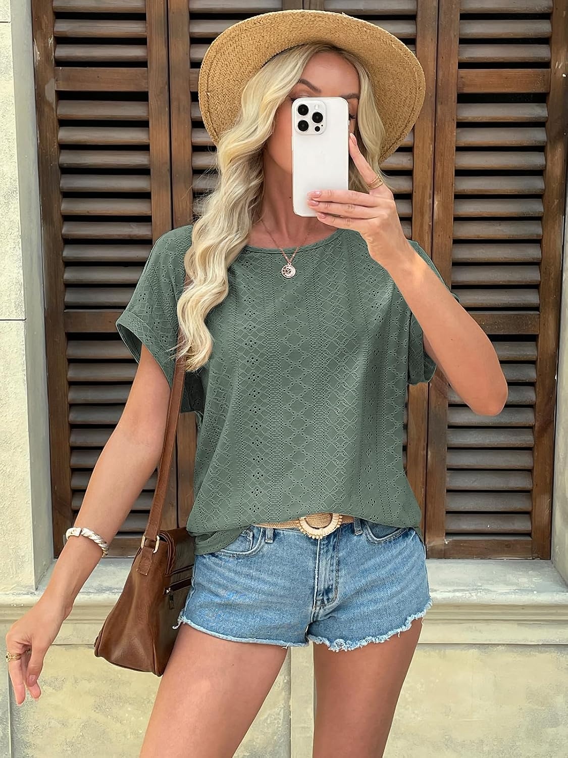 image:imageATHMILE Womens Tunics Loose Fit Dressy Blouses Summer Short Sleeve Tops with Curved Hem Beach Vacation Clothes for WomenGrey Green