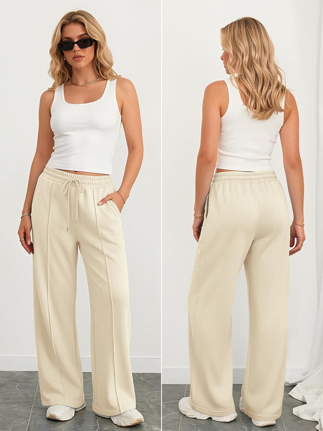 image:imageATHMILE Womens Wide Leg Sweatpants High Waisted Baggy Teen Girl PantsApricot
