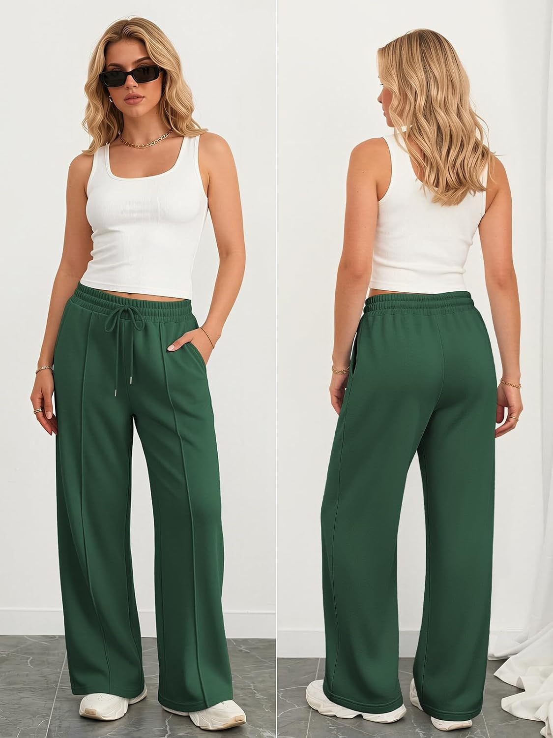 image:imageATHMILE Womens Wide Leg Sweatpants High Waisted Baggy Teen Girl PantsDark Green