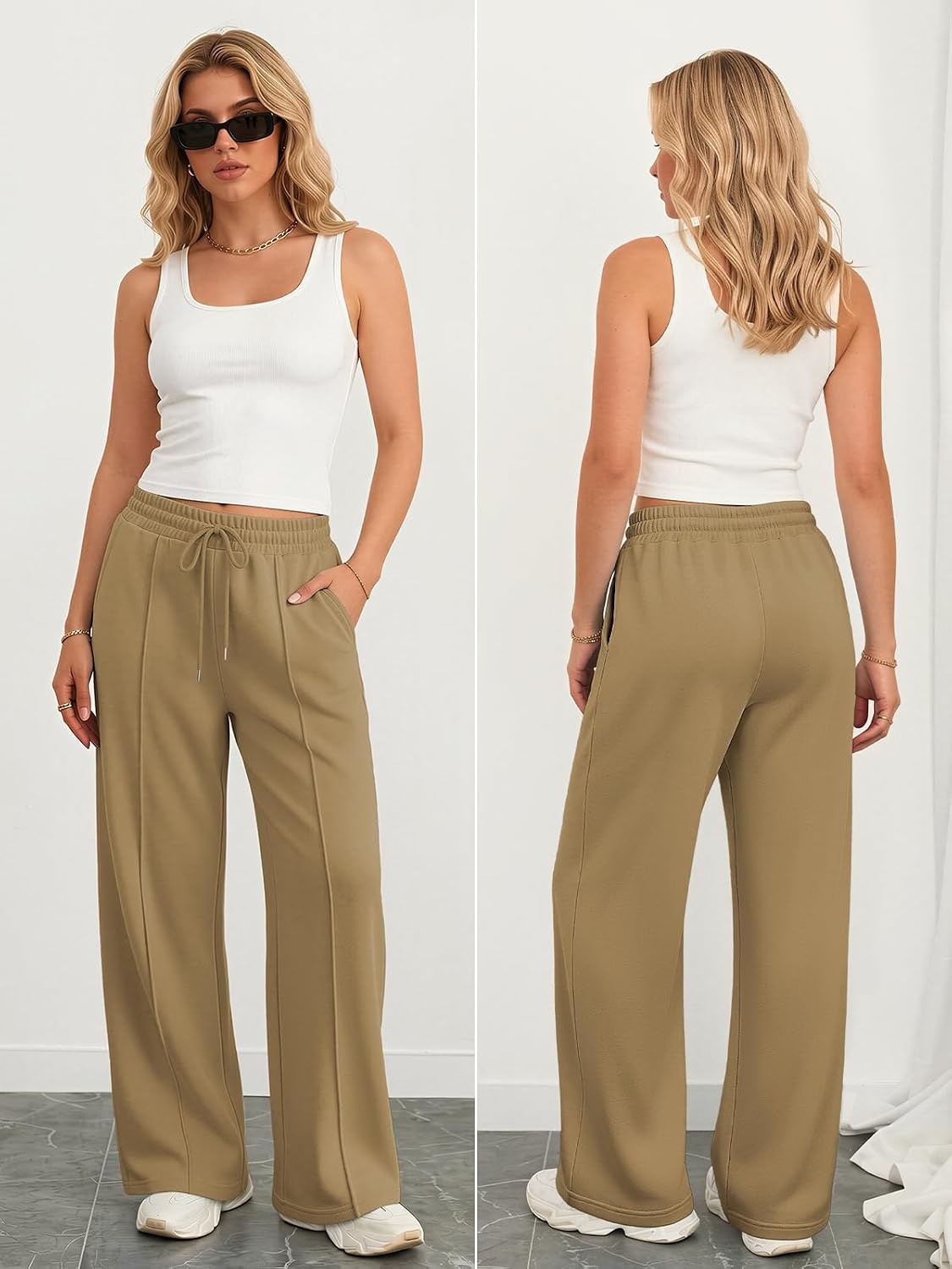 image:imageATHMILE Womens Wide Leg Sweatpants High Waisted Baggy Teen Girl PantsDark Khaki