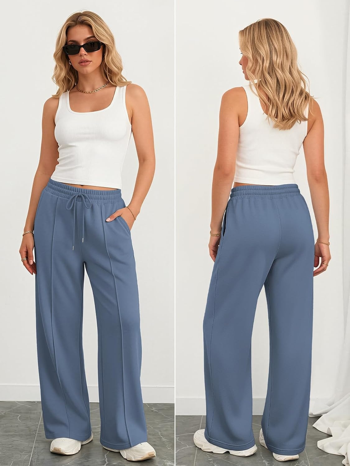 image:imageATHMILE Womens Wide Leg Sweatpants High Waisted Baggy Teen Girl PantsGrey Blue