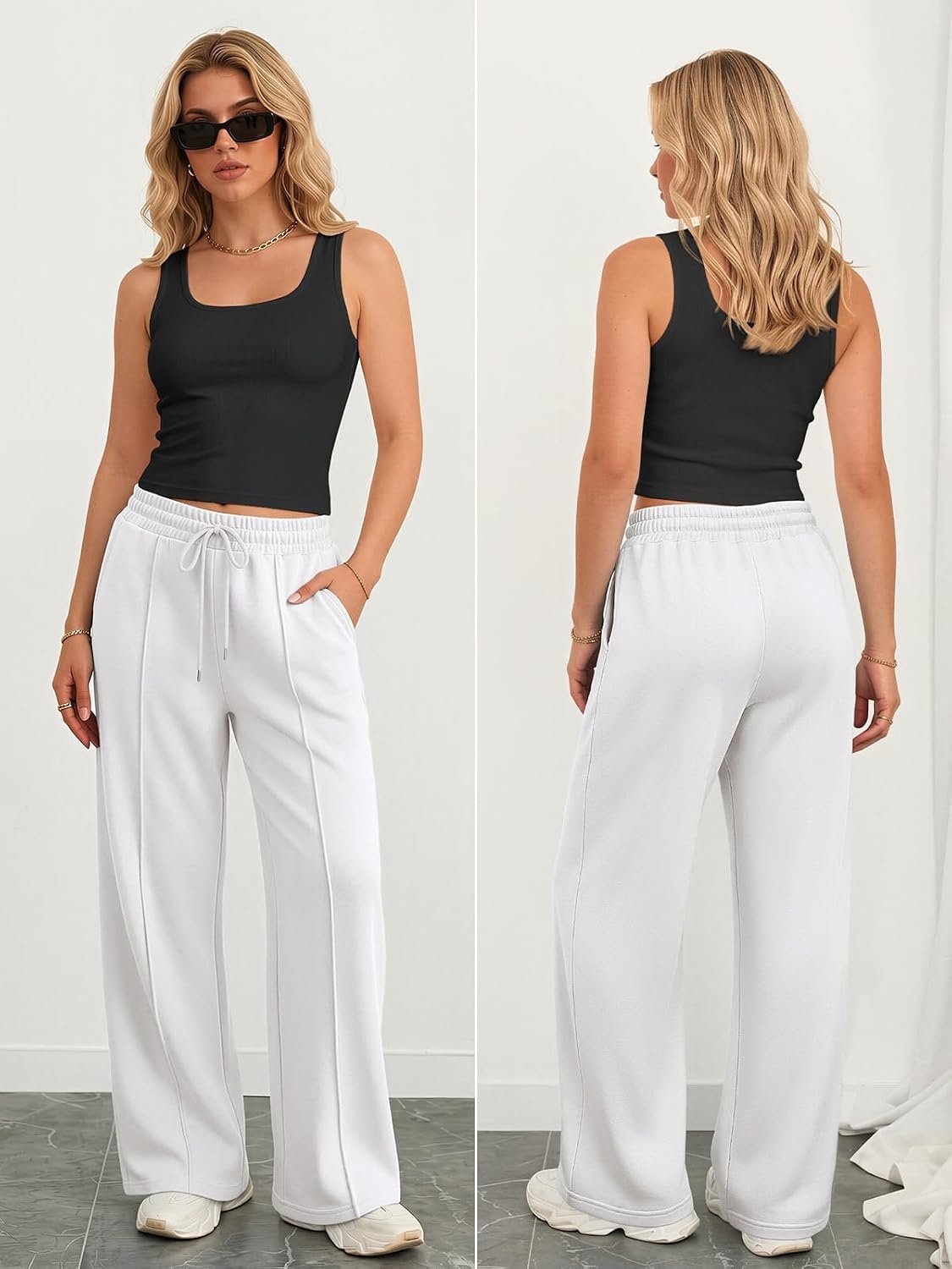 image:imageATHMILE Womens Wide Leg Sweatpants High Waisted Baggy Teen Girl PantsWhite